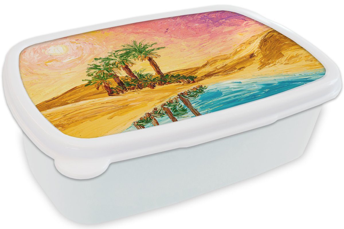 für und Brotbox Wasser, Öl Kinder Mädchen - MuchoWow Jungs Brotdose, weiß Erwachsene, Gemälde - (2-tlg), für Kunststoff, Palme - und - Natur Lunchbox