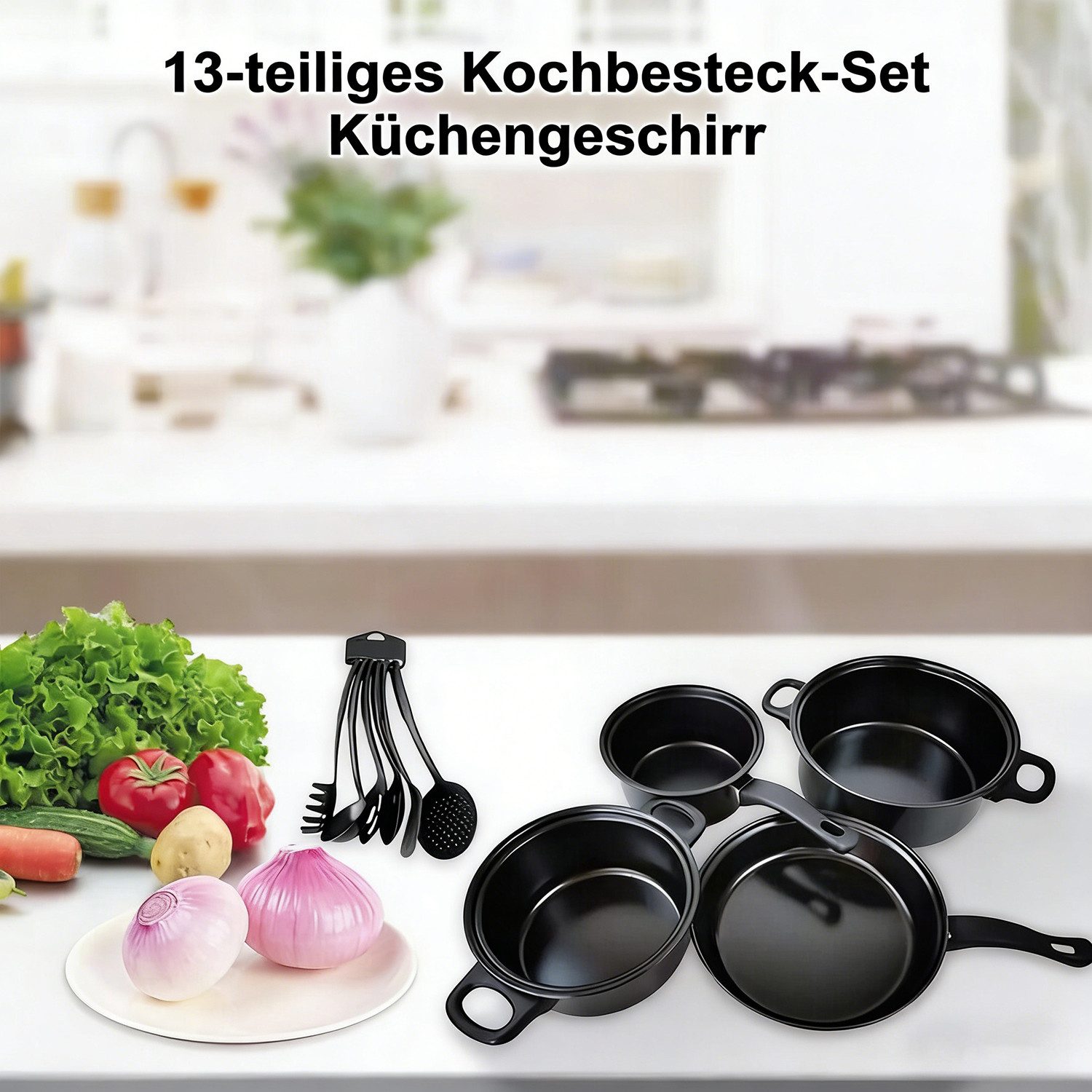ibettertec Topf-Set Antihaft-Kochgeschirr-Set mit Deckel und Utensilien, 13 tlg Küchenset, Gusseisen (13-tlg), Kochtopf-Set im modernen Design mit formschönen S – Bild 5 von 5