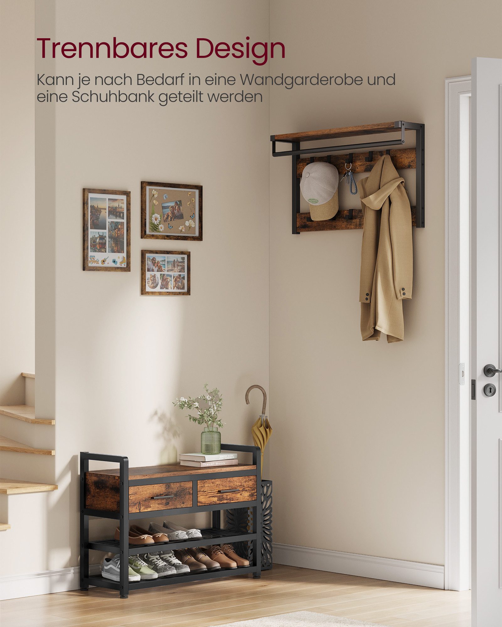 VASAGLE Garderobenständer Garderobe mit Schuhbank, mit Haken und offenen Fächern, 2 Schubladen aus Stoff