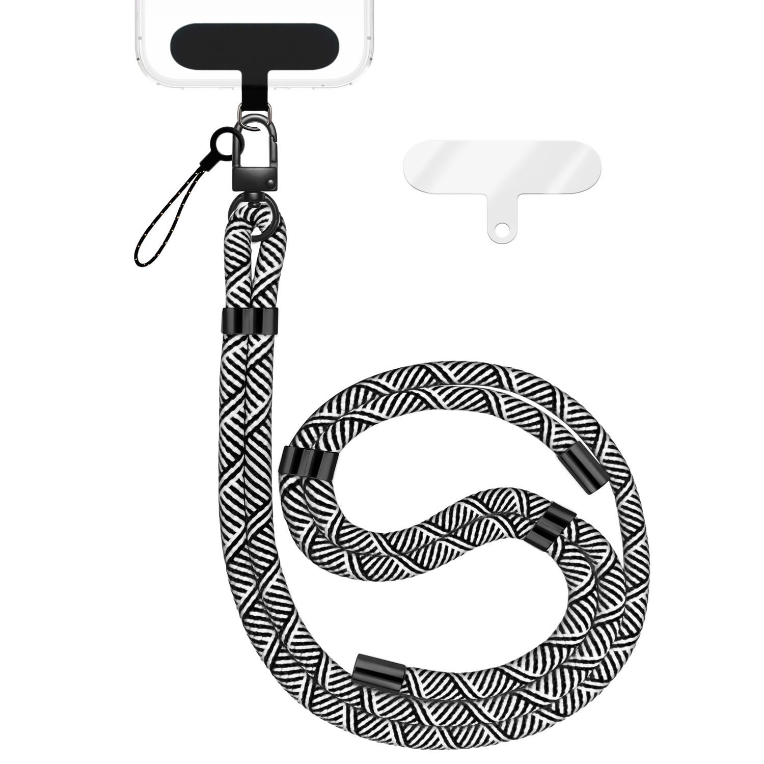 Nalia Handykette Universal Smartphone, Nylon Handyband / Karabiner Matt Schwarz & 2 Pads / 35-75cm Tragelänge