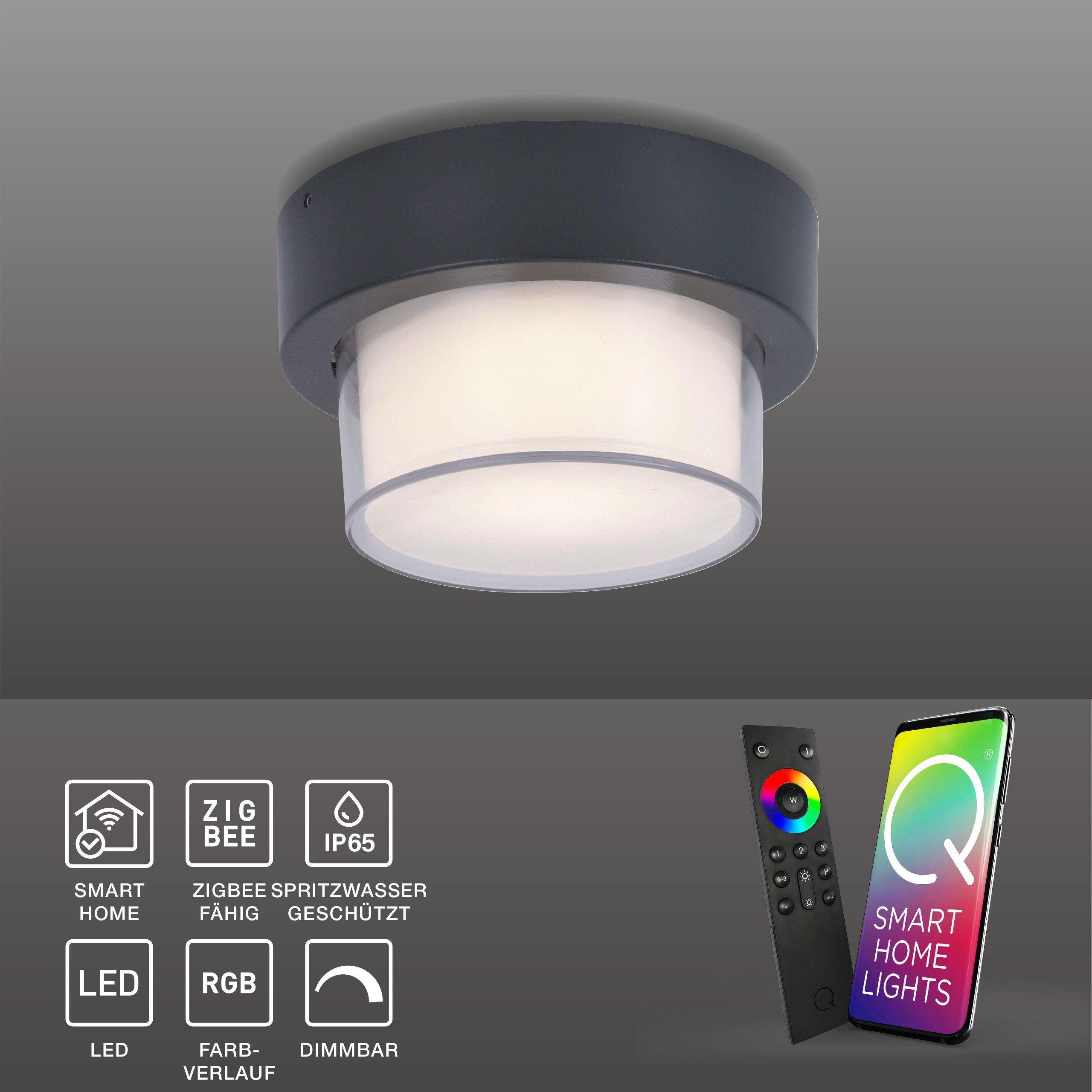 Paul Neuhaus Smarte LED-Leuchte LED Außenlampe RGB+W Q - ERIK Smart Home, Smart Home, RGB-Farbwechsel, Memoryfunktion, mit Leuchtmittel, warmweiß, Deckenlampe anthrazit, dimmbar per Fernbedienung