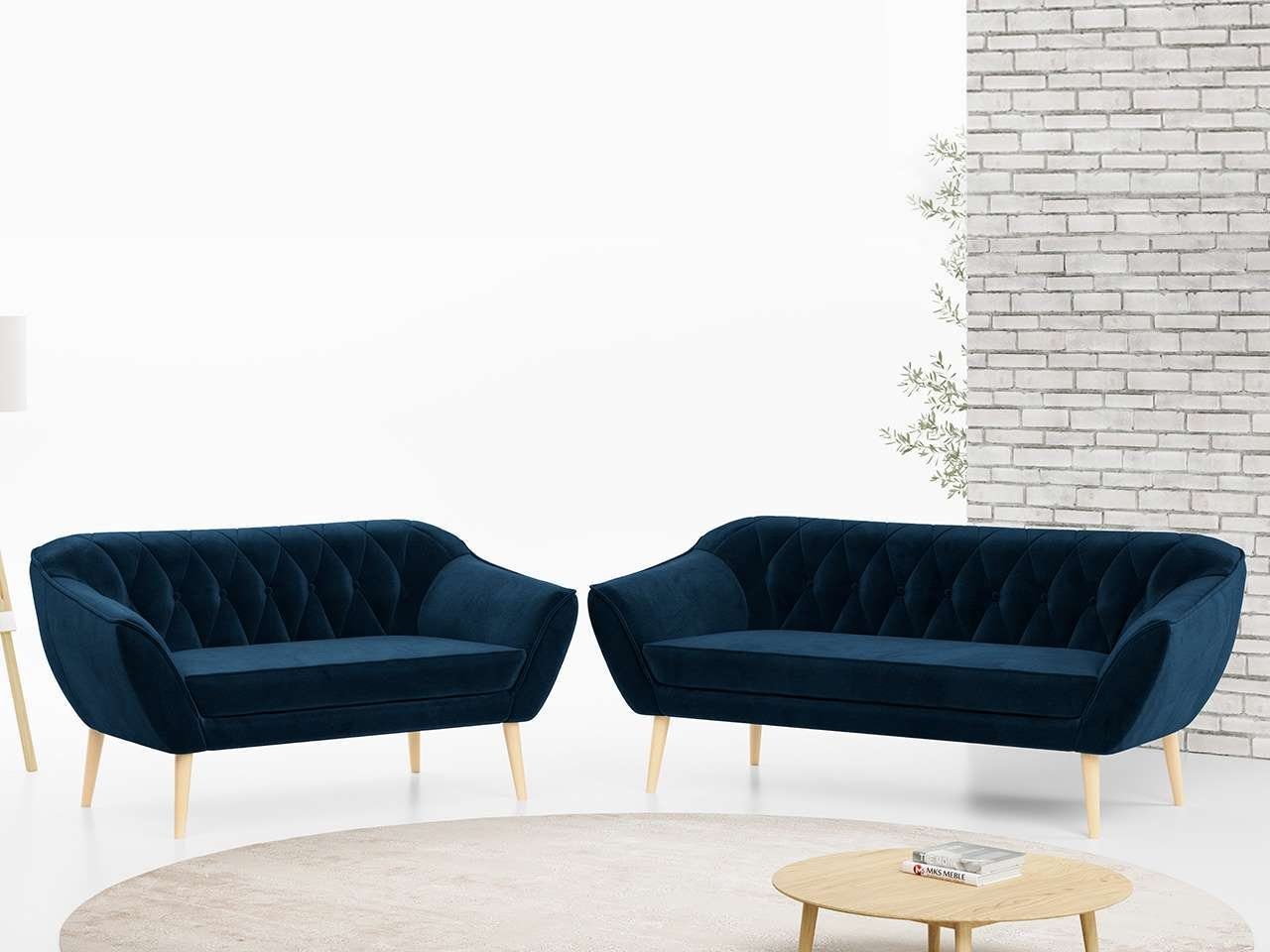 MKS MÖBEL Sofa PIRS 3 2, Skandinavischer Stil, Gesteppte Polsterung, Moderne Sofa Set 3 + 2 Dunkelblau Monolith