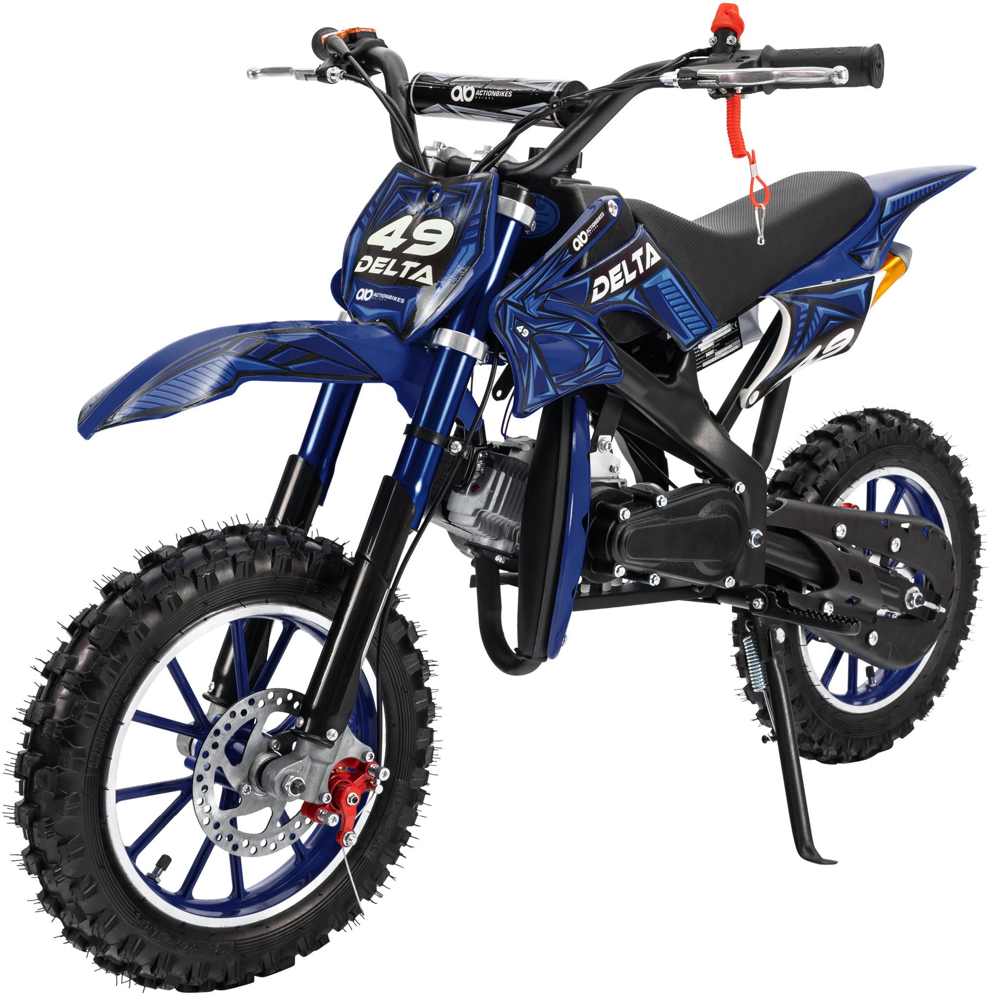 Actionbikes Motors Motorrad 49 ccm Delta Mini Crossbike, Benzin-Motorrad, 40 km/h, Scheibenbremsen, 49 ccm, 50 km/h, Euro 0, (Crossbike, Crossbike, Poketbike, mini Motorrad, Motorrad für Kinder), Not-Aus-Leine; einstellbarer Stoßdämpfer; Automatikgetriebe