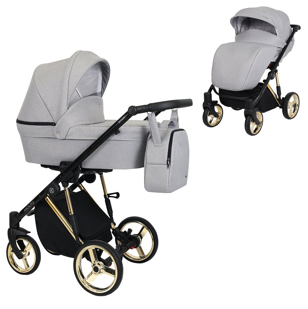 babies-on-wheels Kombi-Kinderwagen Molto Gold-Edition 2 in 1 - 12 Teile - von Geburt bis 4 Jahre Hellgrau = Gestell gold