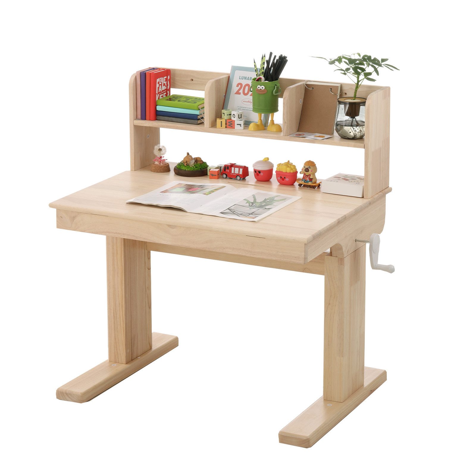 Flieks Kinderschreibtisch Höhenverstellbar, neigbare&klappbare Tischplatte 0°-43° & Bücherregal (B92/T60/H89-110,5 cm, 1-St., 1 Tisch), Multifunktional Schreibtisch aus Massivholz natur, ab 6 Jahren