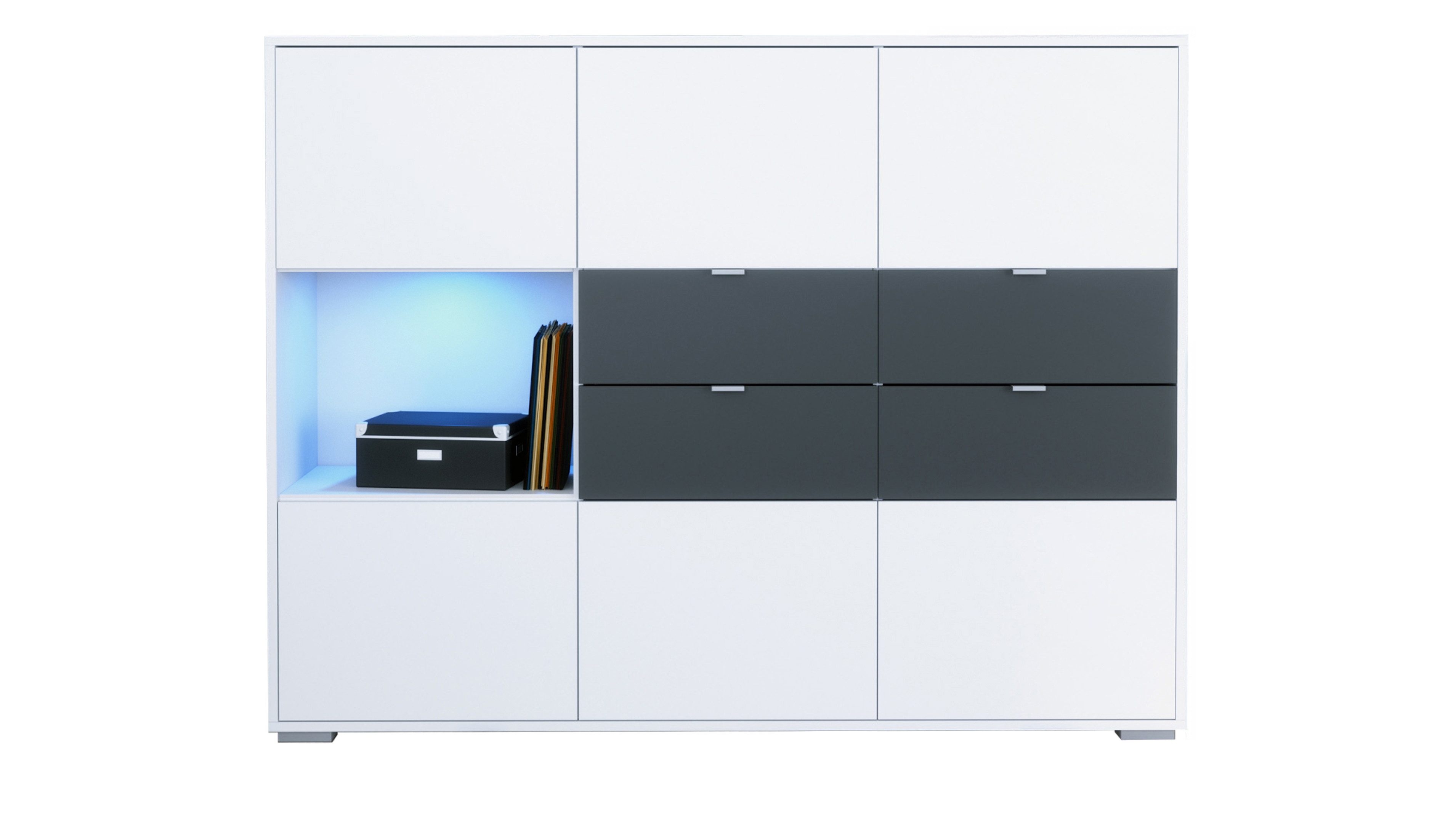 Vladon Highboard Milano (Highboard mit 6 Türen Weiß matt, 4 Schubladen Anthrazit matt, inkl. LED,Made in Germany), Korpus Weiß matt (152,5 x 118 x 37 cm)