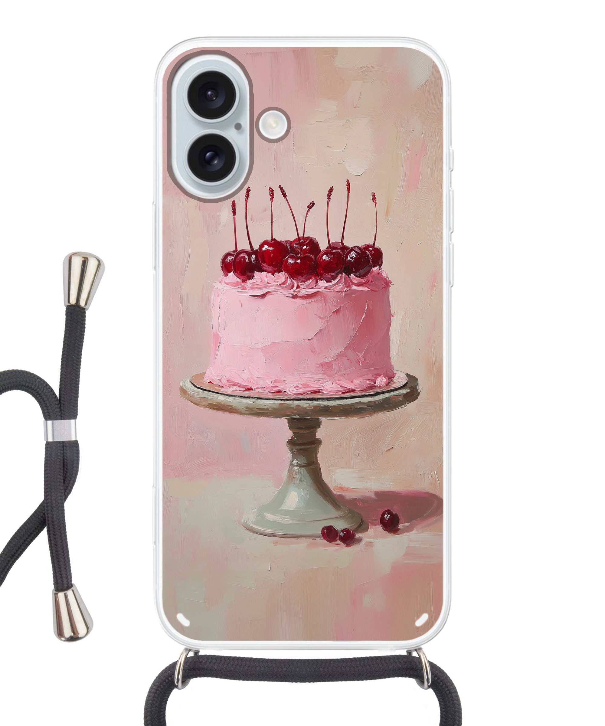 MuchoWow Handyhülle für Apple iPhone 16 Plus Torte - Rosa - Kirsche, Tragbare Handyhüllen mit Kette zum umhängen, Handykette Handyband