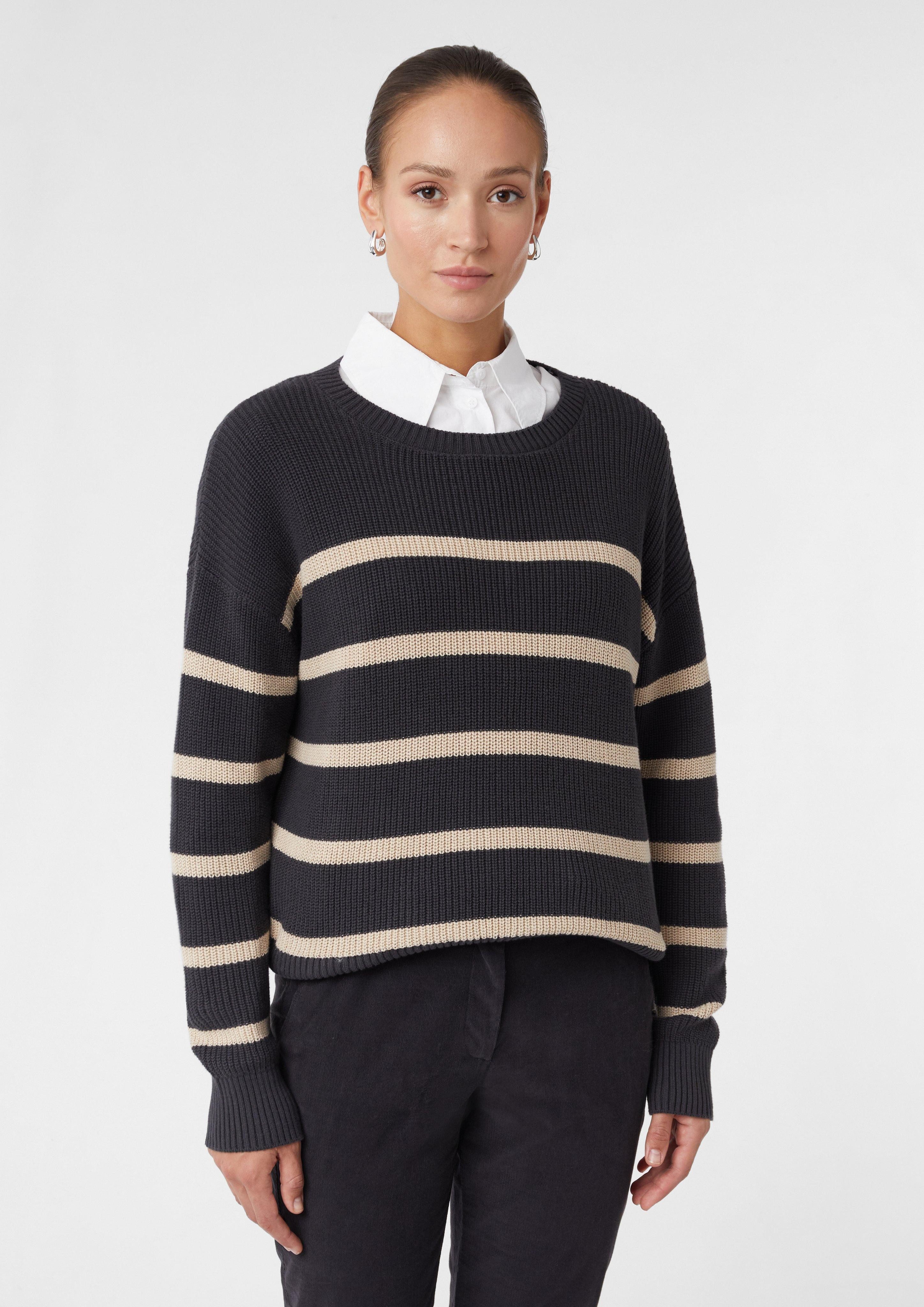 Langarmshirt Baumwoll Strickpullover mit platzierten Streifen