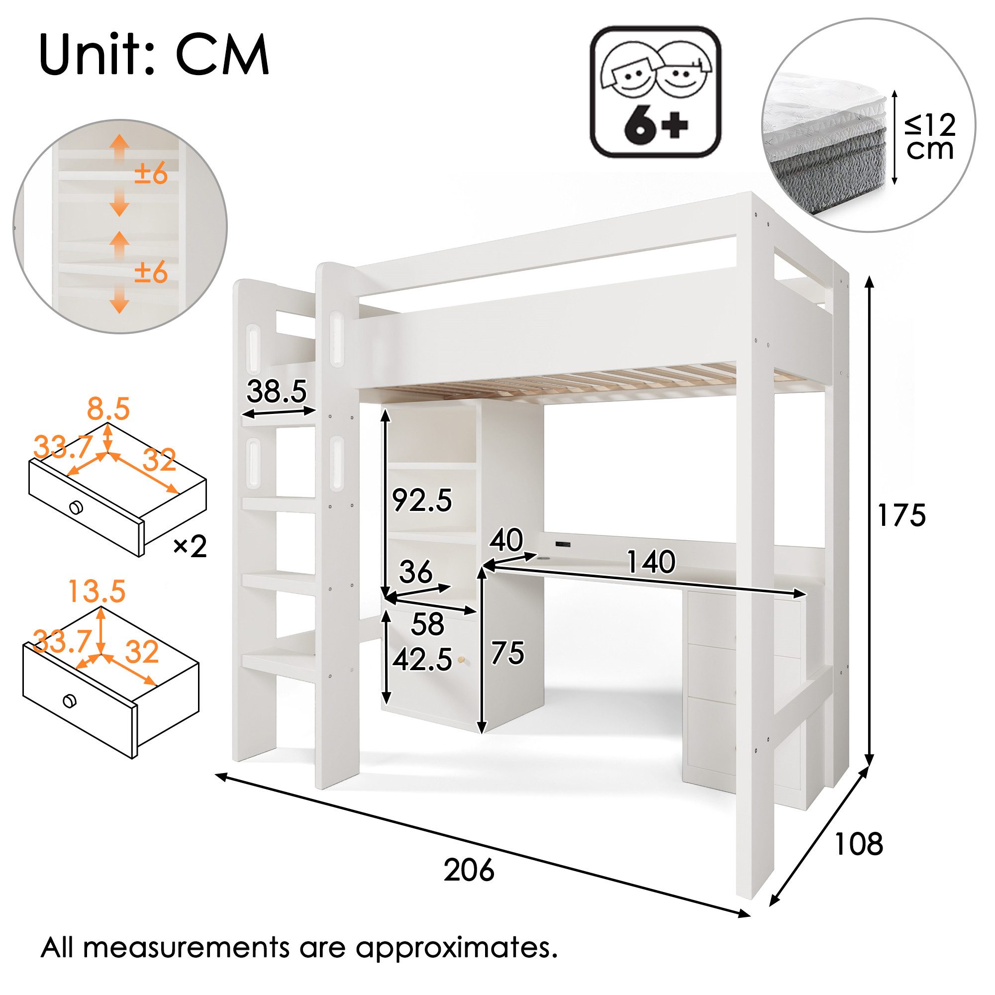 TavilaEcon Hochbett Jugendbett Einzelbett mit Treppe und Lattenrost, USB-C Schreibtisch (1-St) Kleiderschrank und Aktenschrank, Ohne Matratze