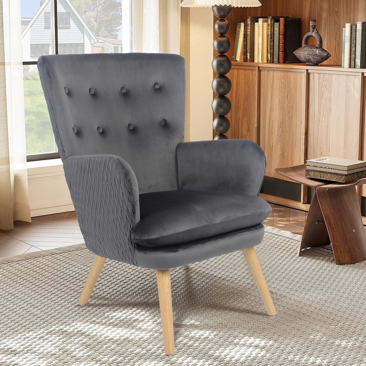 Happy Home Sessel gepolsterter Samtsessel mit Armlehne HWP66-DGR dunkelgrau