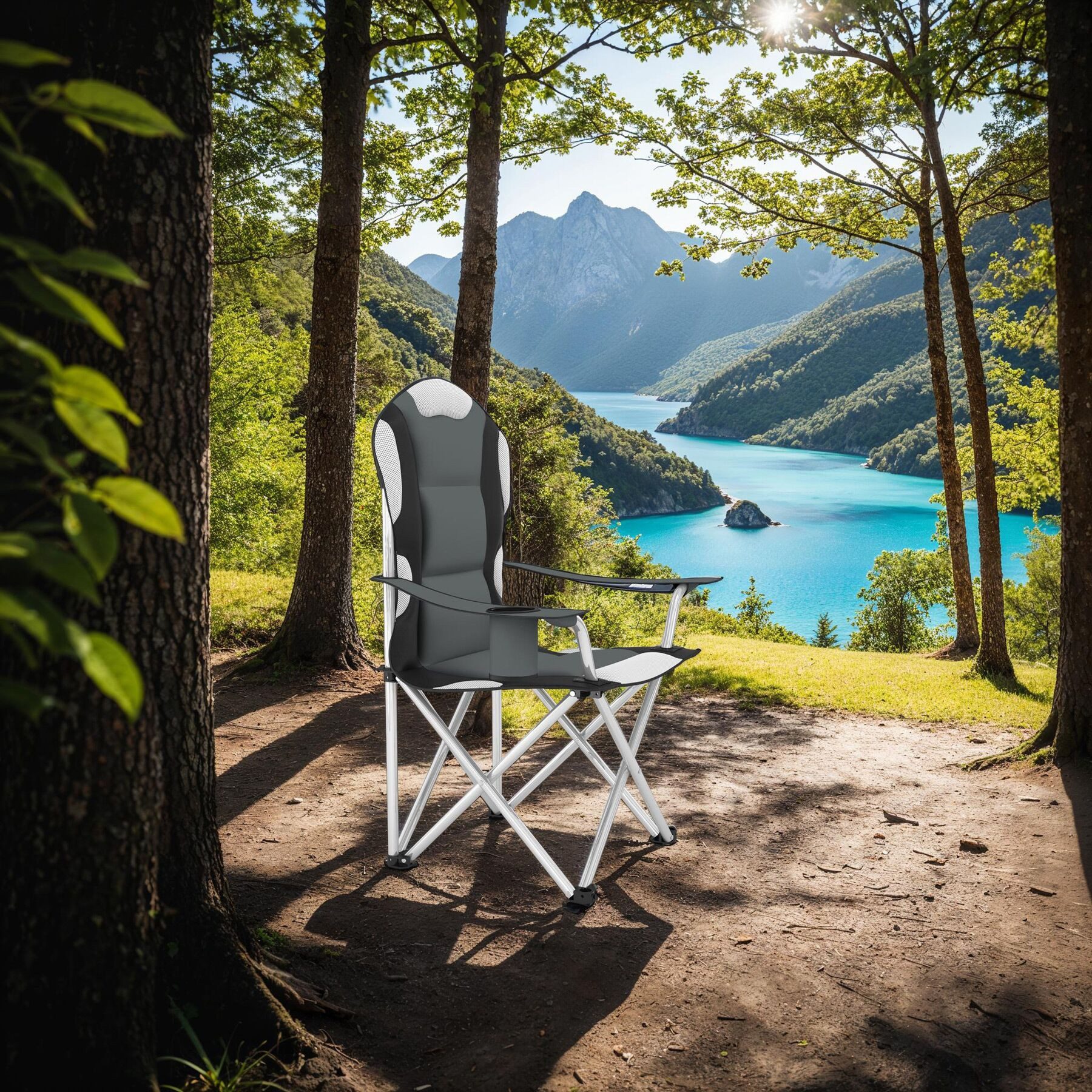 tectake Campingstuhl Gartenstuhl mit Polsterung, faltbar, 60 x 88 x 110 cm (Outdoor Klapptstuhl für Außen in Grau, 4 St), gepolstert, mit Getränkehalter, geringes Gewicht, inkl. Tragetasche