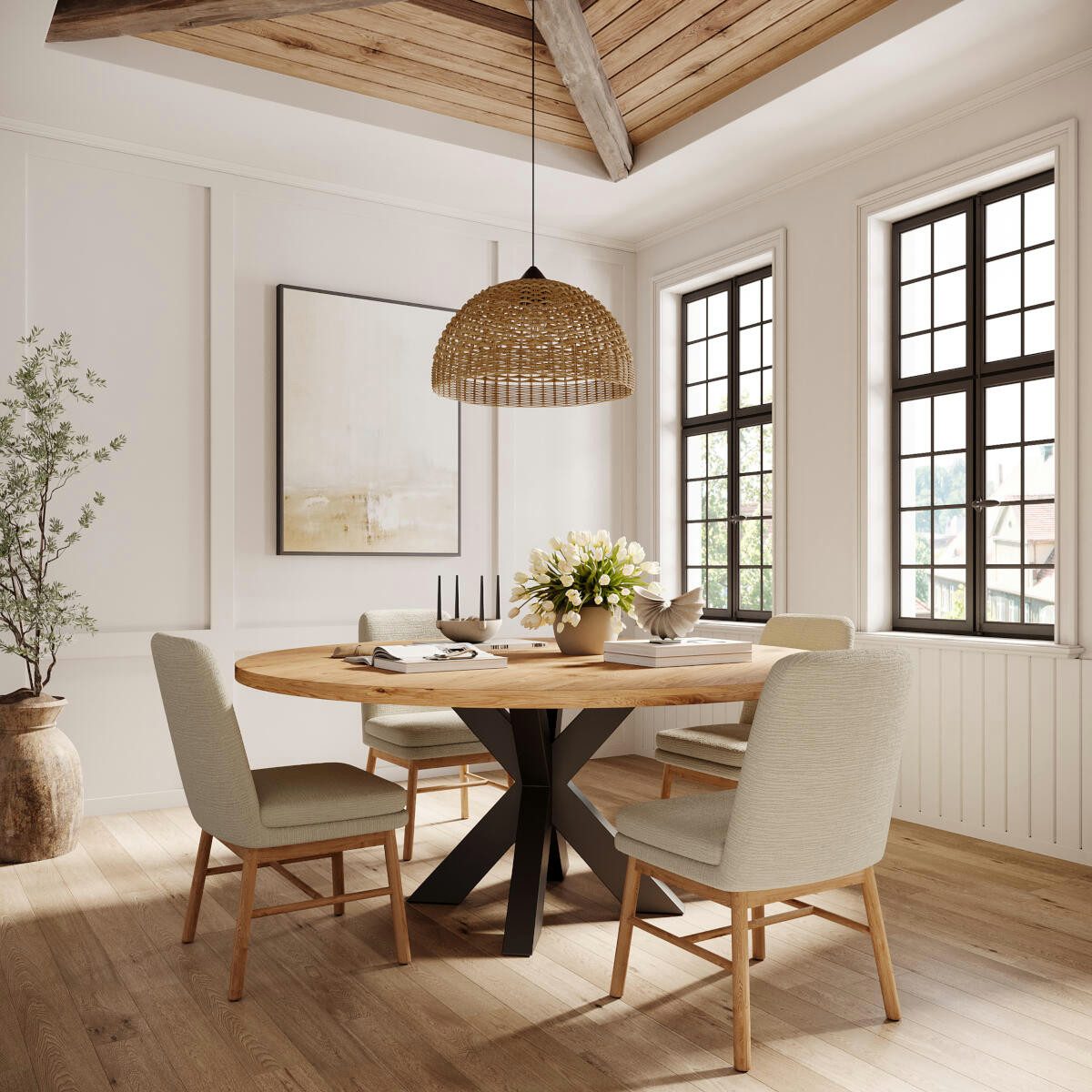 Rellgo Esstisch Skadi, runder Eichenholztisch, eleganter Küchentisch, Durchmesser von 100 cm