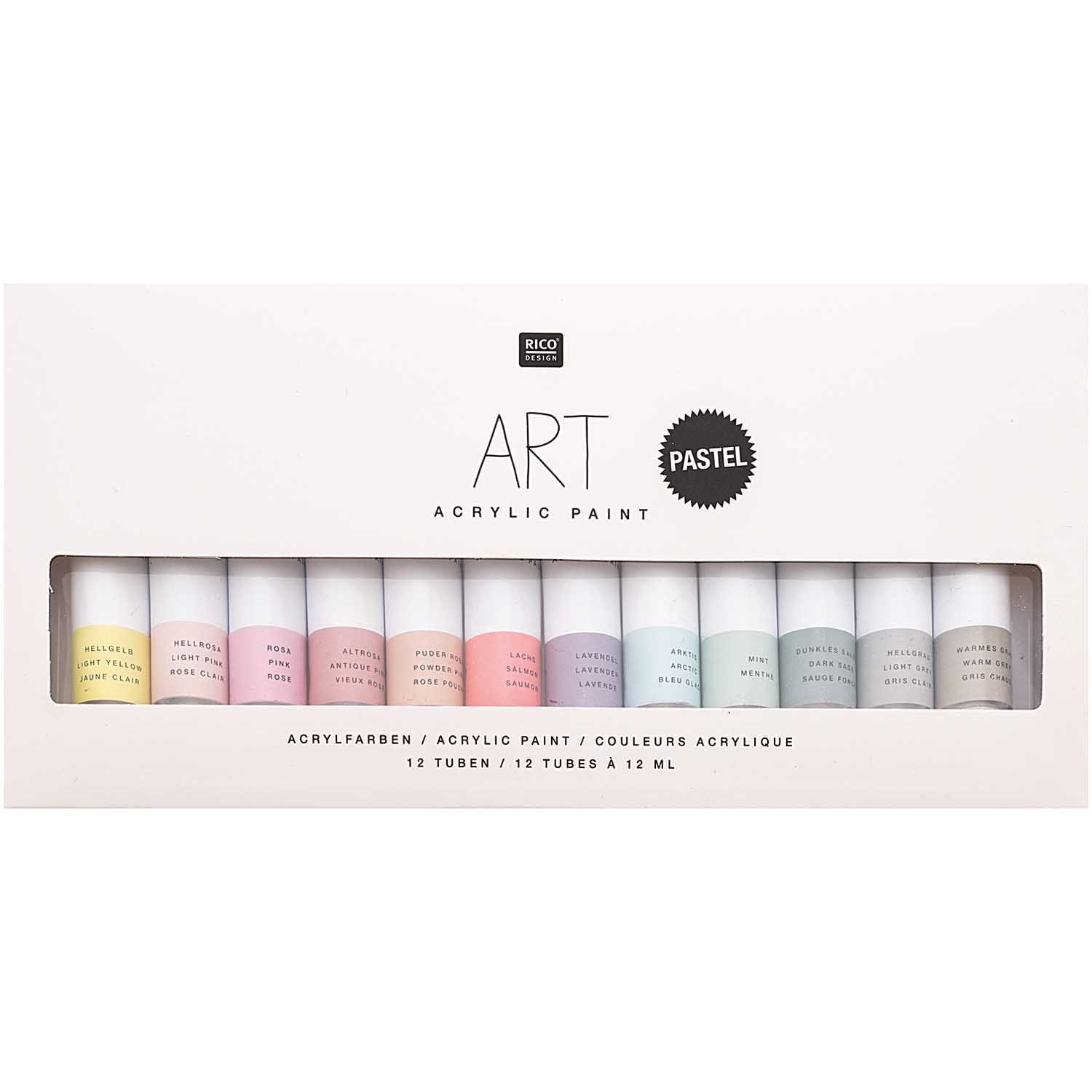 Rico-Design Verlag Kreativset Rico Design ART Künstler Acrylfarben-Set Pastell - 12 Farben je 12 ml, (12-tlg), Malfarbe für Anfänger, Profikünstler, Kinder & Erwachsene