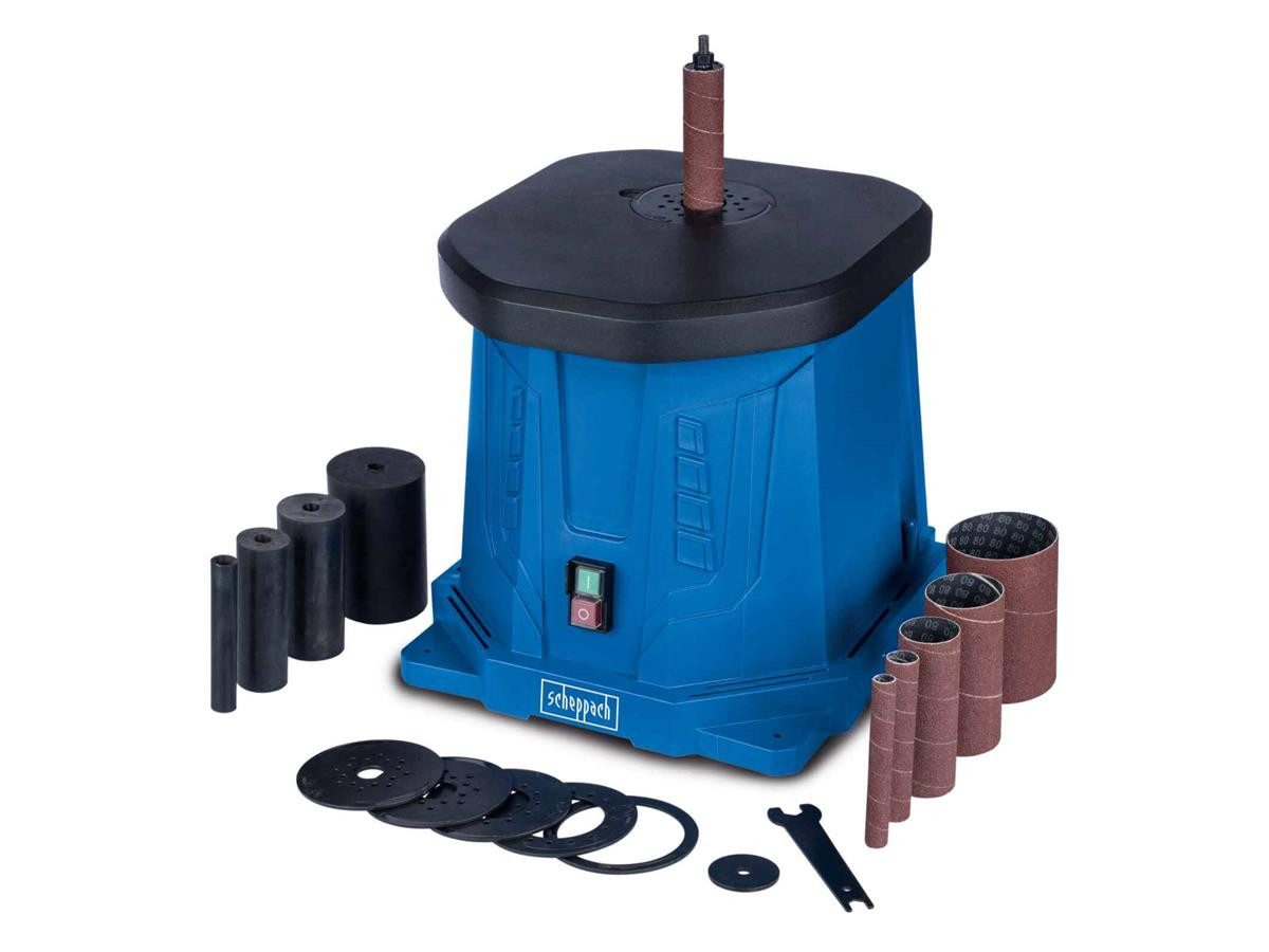 Scheppach Spindelschleifmaschine OSM100, (Set, 6x Schleifhülsen), Integrierter Staubabsaugstutzen, solider Aluminium-Druckgusstisch