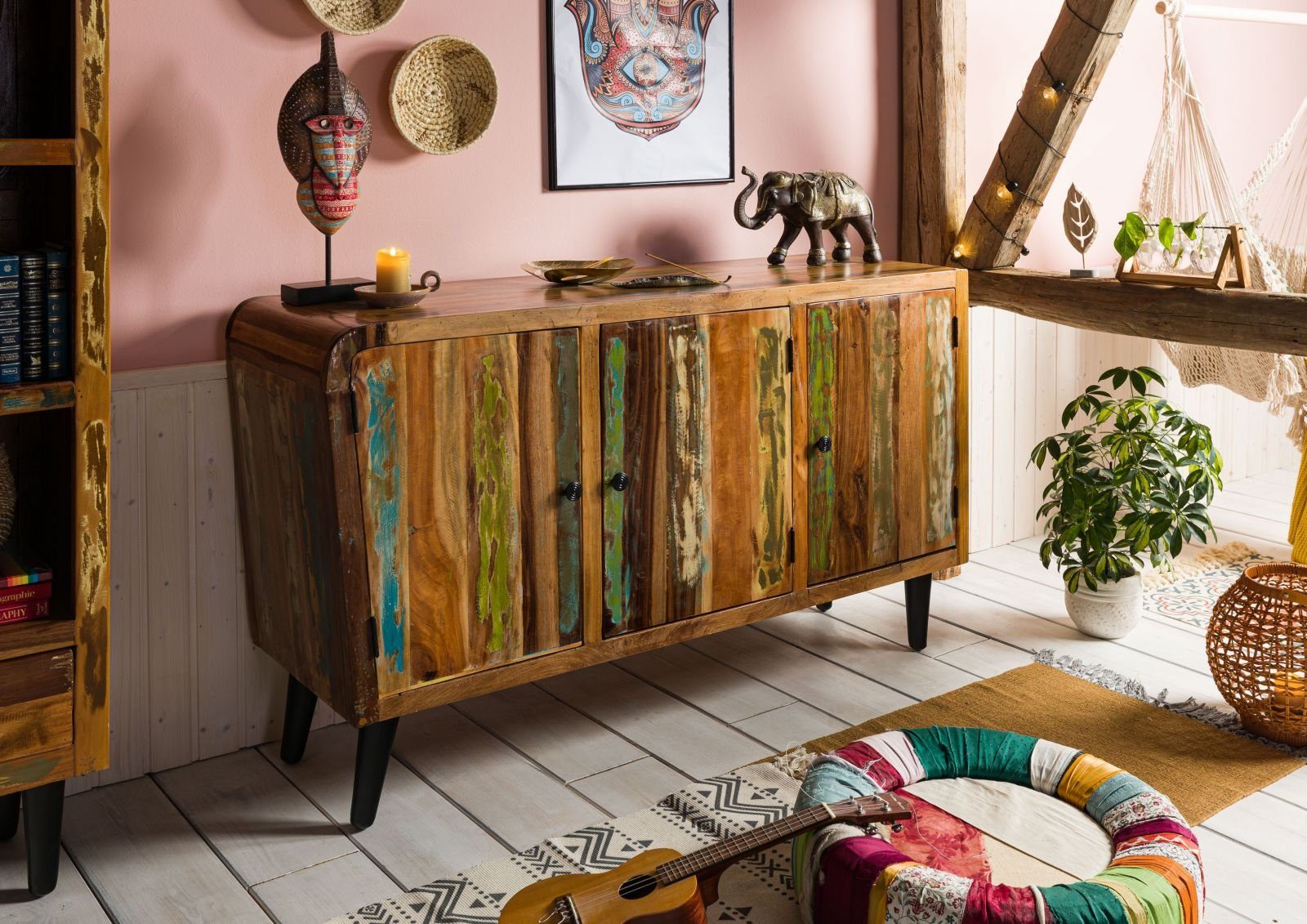 Massivmoebel24 Sideboard SIXTIES (Massivholz), Sideboard Altholz 150x45x86 mehrfarbig lackiert SIXTIES #111