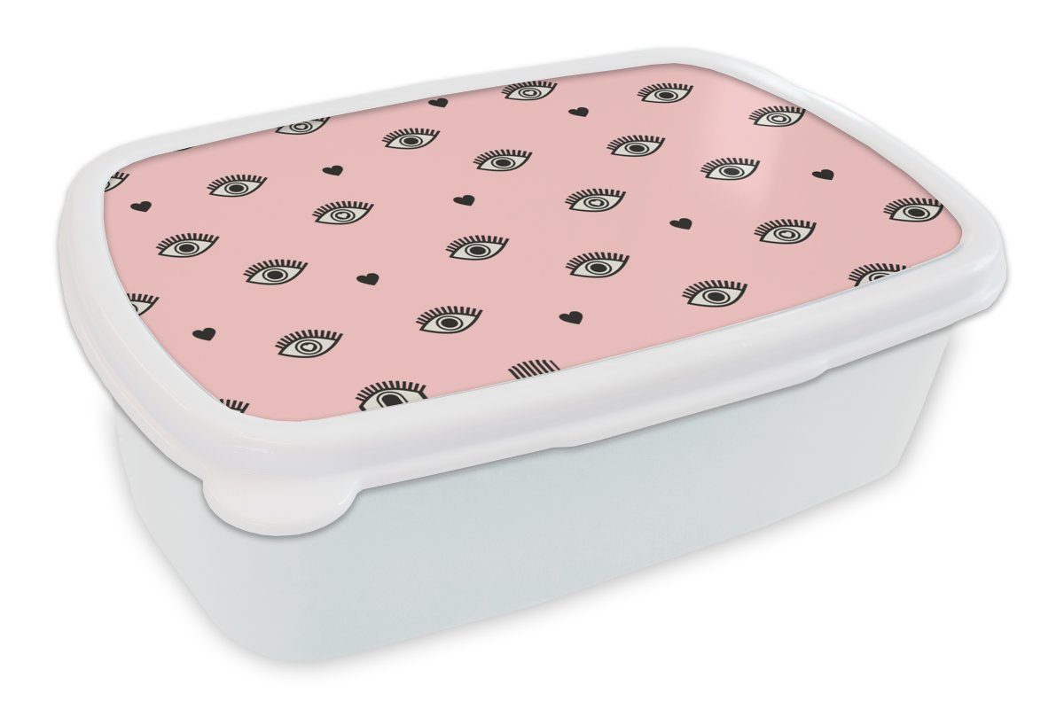 MuchoWow Lunchbox Mädchen - Augen - Rosa - Muster - Mädchen - Kinder - Kinder, Kunststoff, (2-tlg), Brotbox für Kinder und Erwachsene, Brotdose, für Jungs und Mädchen weiß