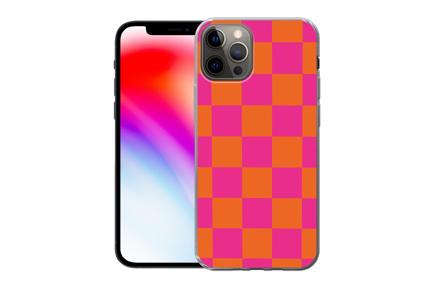 MuchoWow Handyhülle für Apple iPhone 13 Pro Schachbrettmuster - Orange - Rosa - Blöcke, Smartphone-Bumper, Print, Handy Schutzhülle Dünn