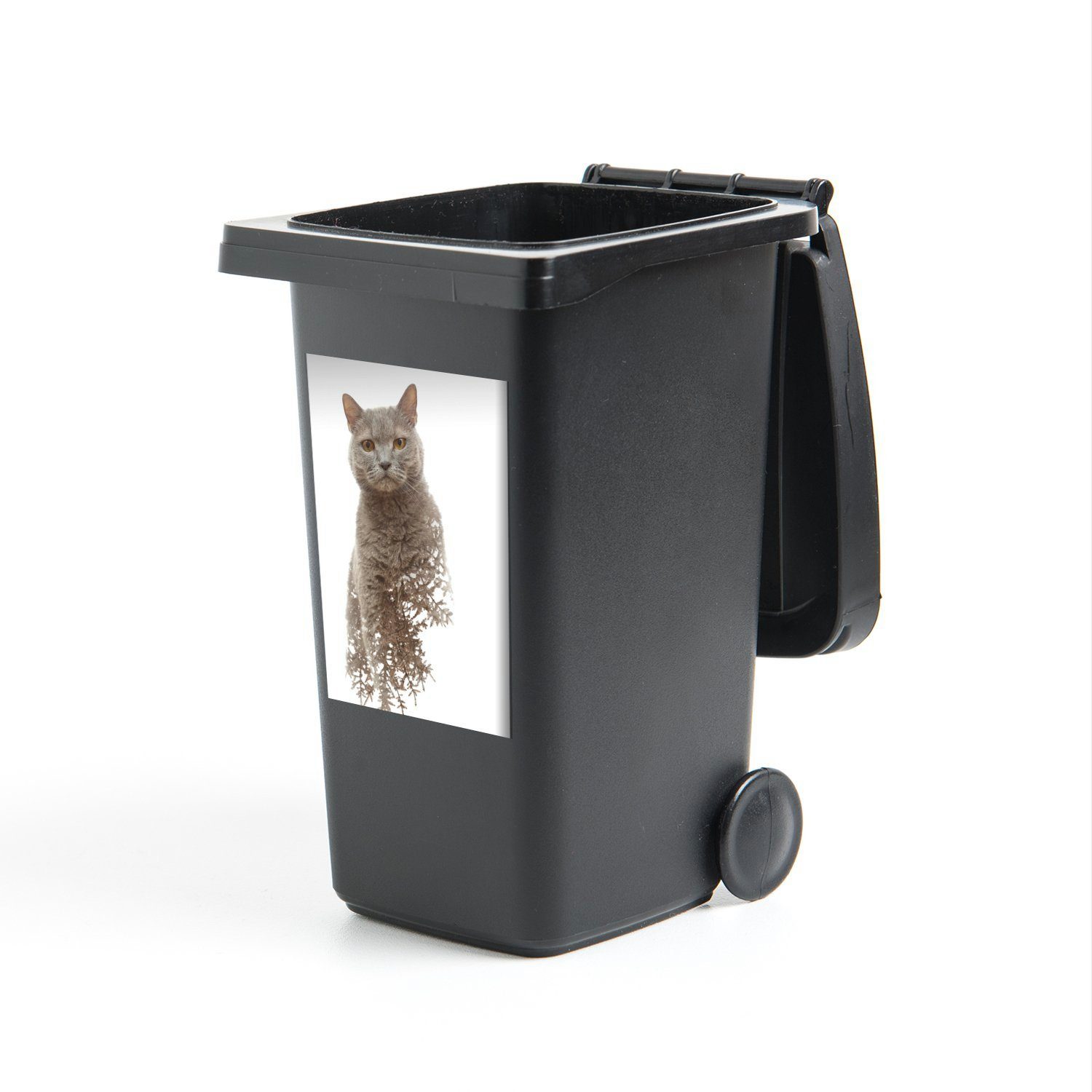MuchoWow Wandsticker Katze - Zweig - Grau (1 St), Mülleimer-aufkleber, Mülltonne, Sticker, Container, Abfalbehälter