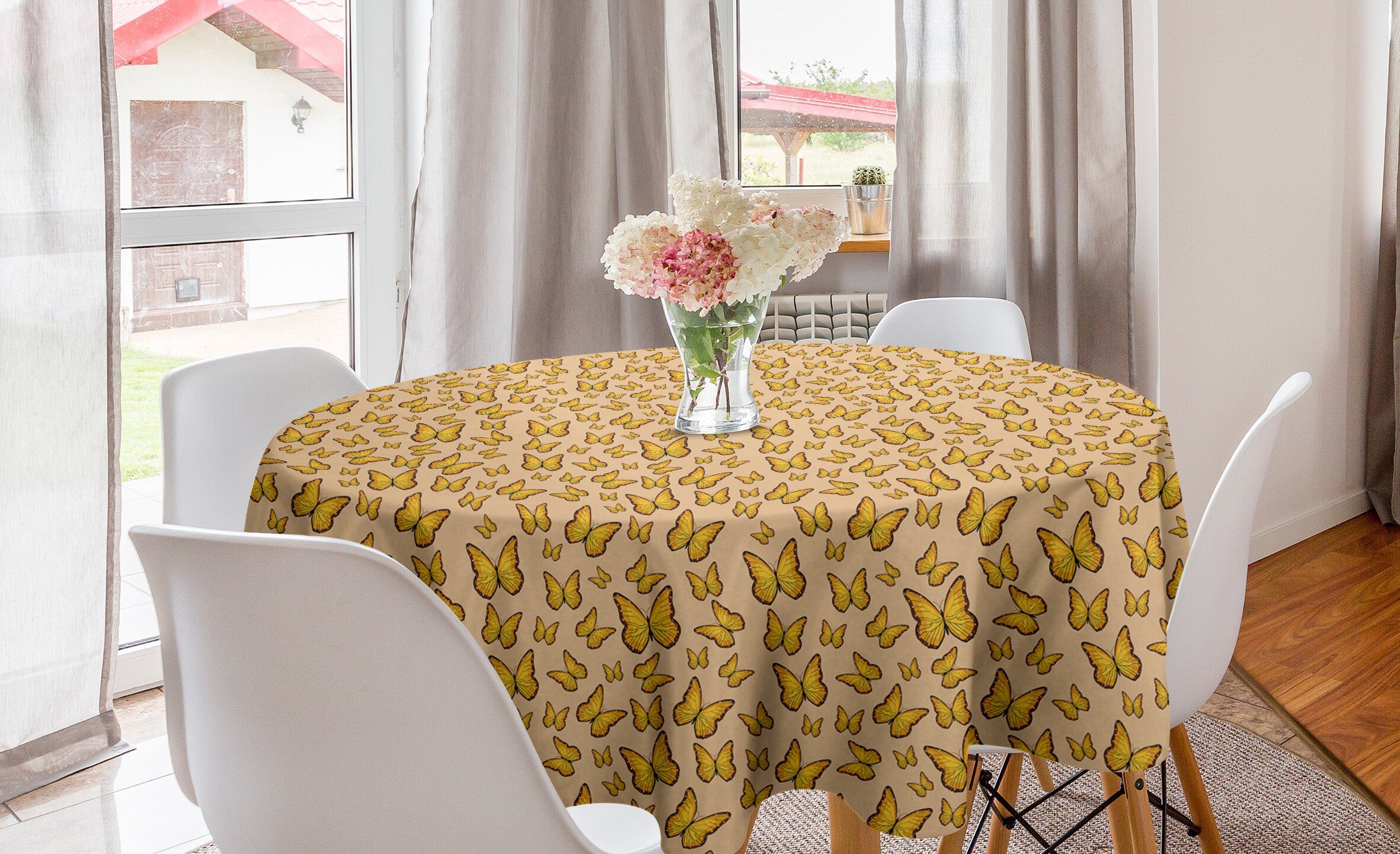 Abakuhaus Tischdecke Kreis Tischdecke Abdeckung für Esszimmer Küche Dekoration, Orange und Gelb Schmetterlinge