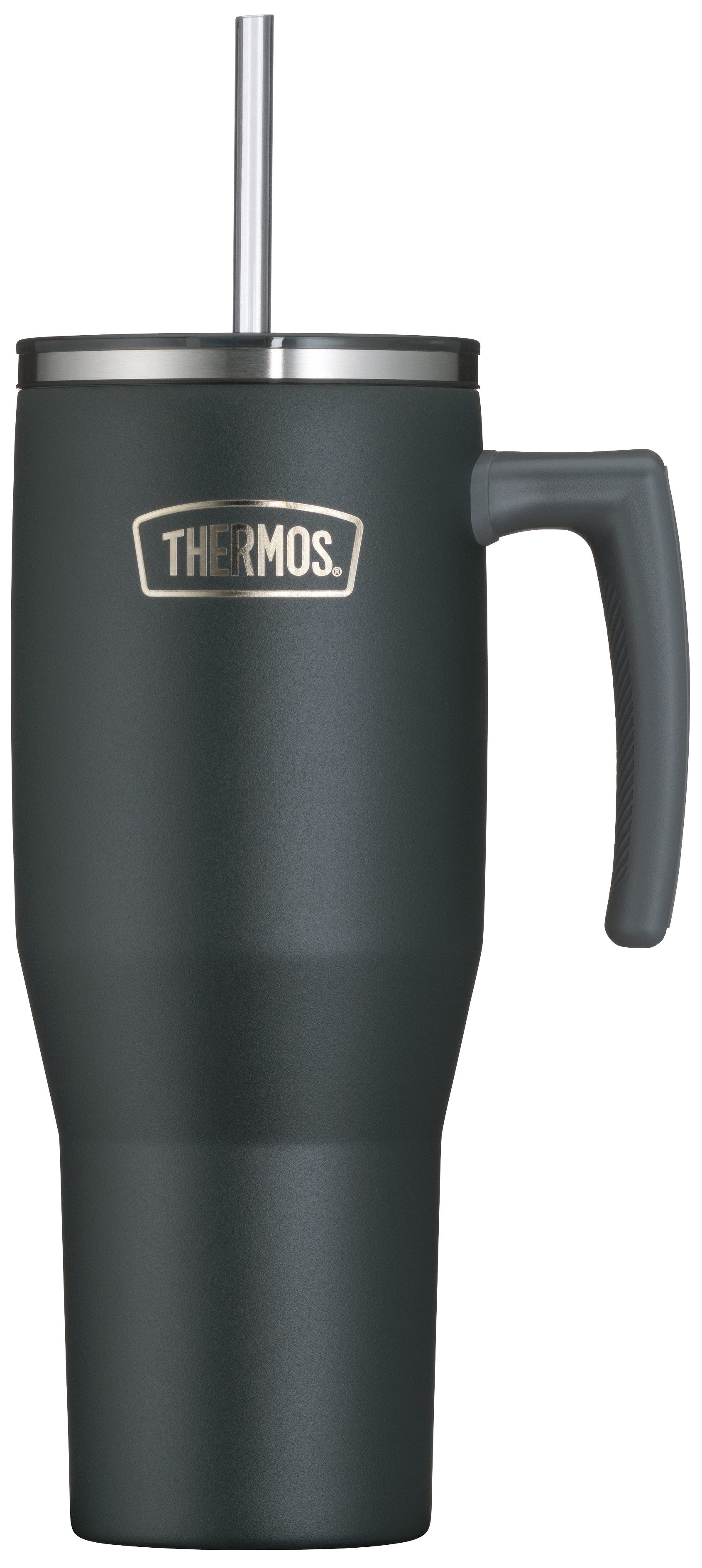THERMOS Thermobecher REFRESHING SERIES ISOLIERTRINKBECHER mit Strohhalm, 1-tlg., Edelstahl, Kunststoff, Silikon, Titan, 1,10l, 6h heiß & 6h kalt, mit Griff