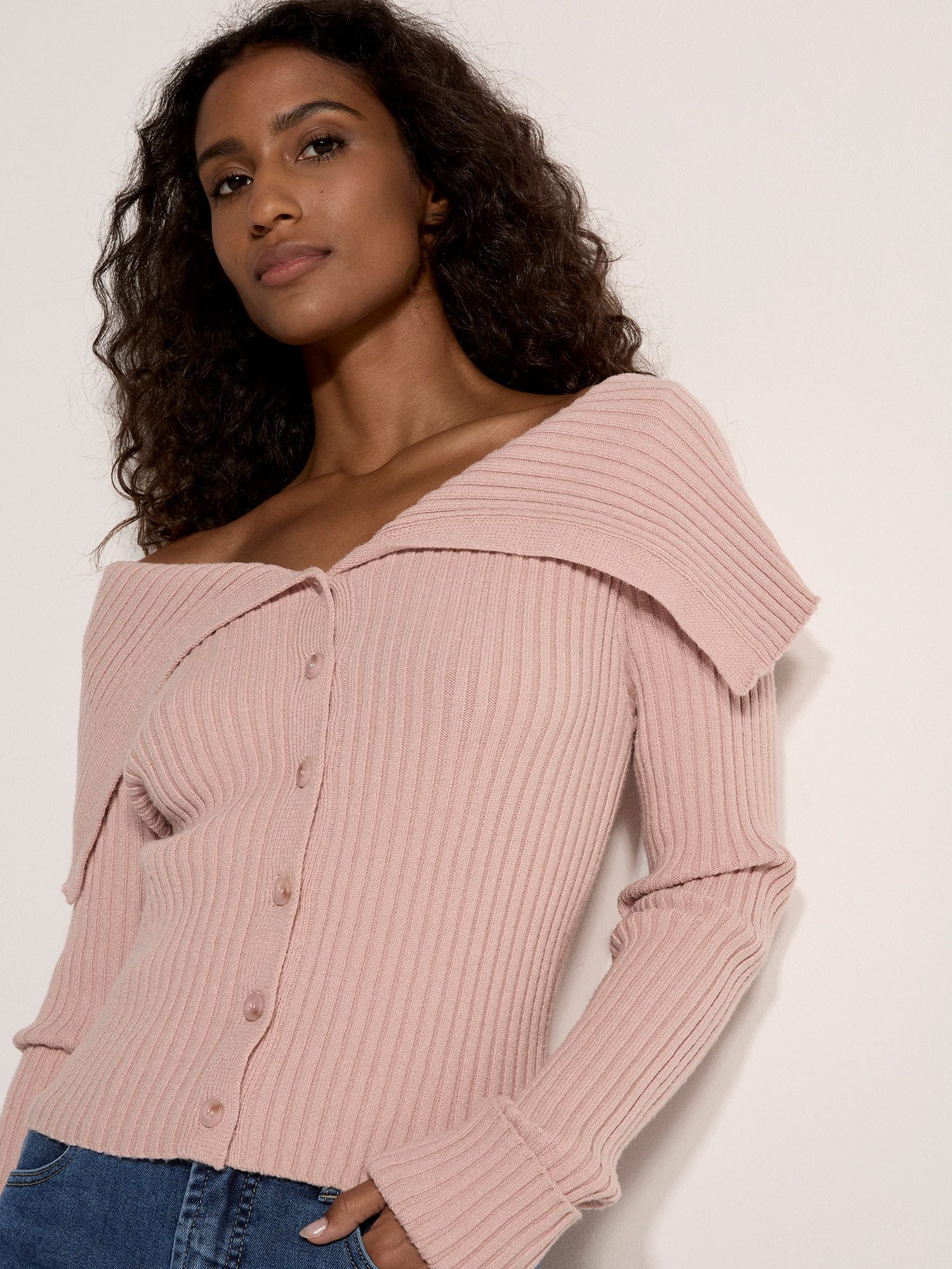 Apricot Strickjacke Strickjacke mit breitem Kragen und Rippmuster Einfarbig günstig online kaufen