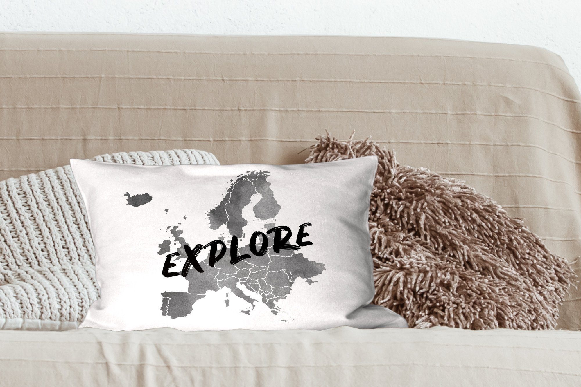 MuchoWow Dekokissen Europa-Karte in grauer Aquarellfarbe Dekoration, Schlafzimmer mit Dekokissen Wohzimmer über "Explore" dem den, mit Zierkissen, Füllung, Text