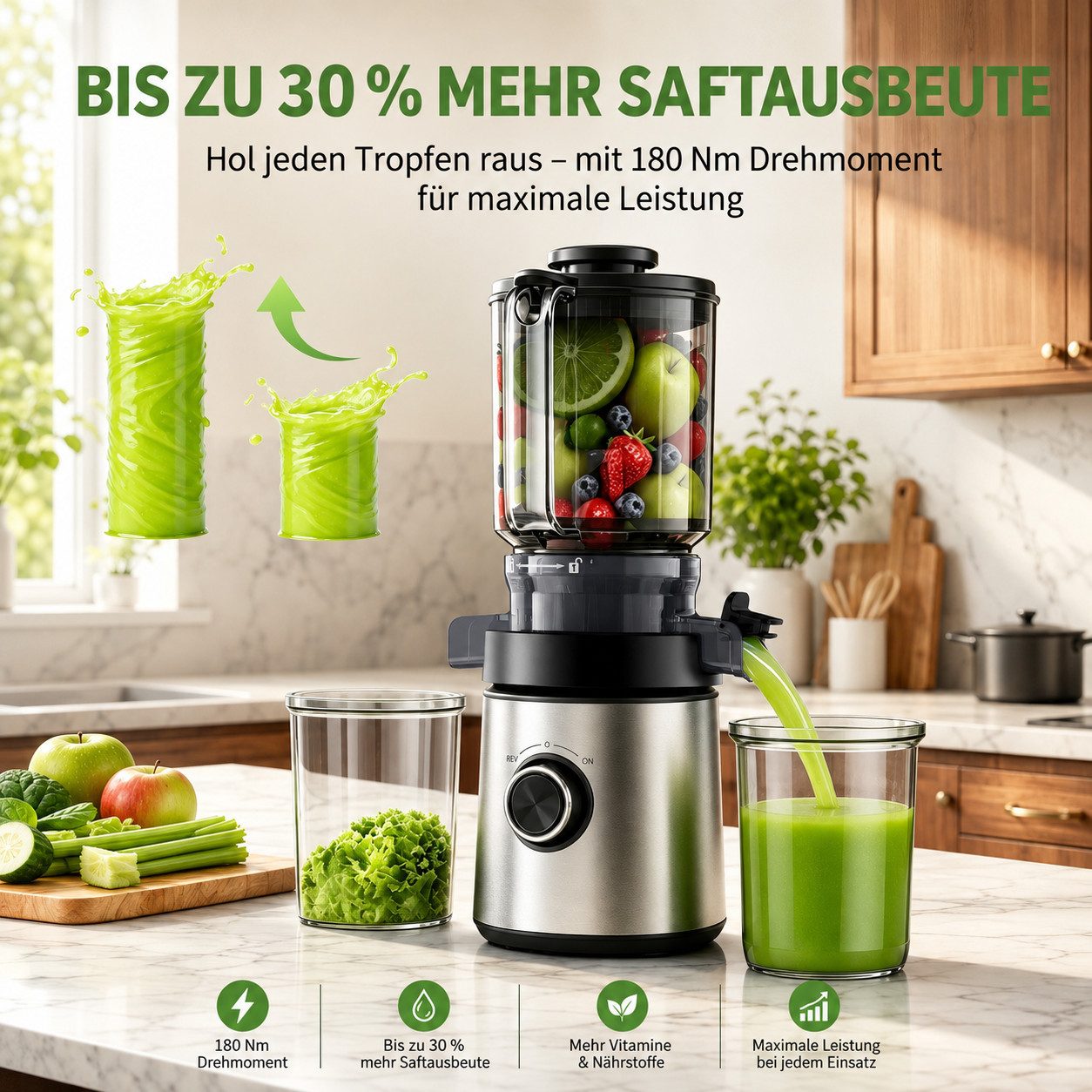 ibettertec Slow Juicer 400W Entsafter mit 2L Vorratsbehälter,140 mm Einfüllöffnung,Feinfilter, BPA-frei, Saft & Fruchteis,Für ganze Früchte und Gemüse – Bild 2 von 5