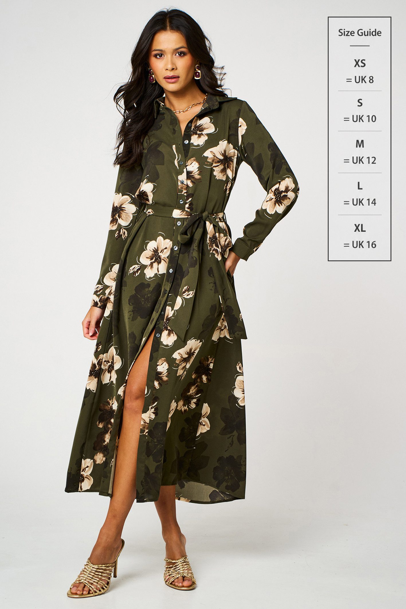 FS Collection Hemdblusenkleid Damen Hemdblusenkleid Maxikleid Blusenkleid Langarm mit Bindegürtel (XS (EU:36 / UK:8) · S (EU:38 / UK:10) · M (EU:40 / UK:12) · L (EU:42 / UK:14) · XL (EU:44 / UK:16) Blumenmuster, Bindegürtel, durchgehende Knopfleiste