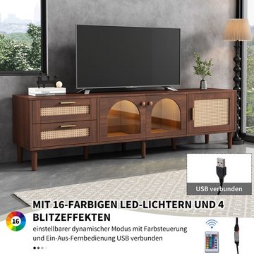 MODFU TV-Schrank Lowboard (mit LED-Beleuchtung) 2 Rattan-Schubladen, 2 gewölbten Glastüren, 1 Rattan-Tür