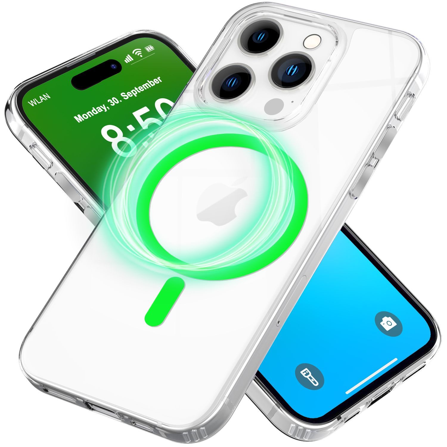 Nalia Smartphone-Hülle Apple iPhone 16 Pro Max 17,5 cm (6,9 Zoll), Transparent Case / MagSafe Ring in Neon Farbe / Leuchtet im Dunkeln