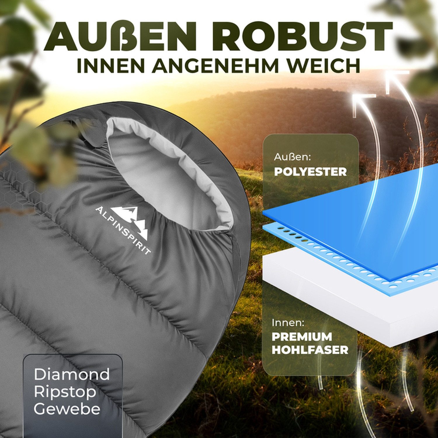 AlpinSpirit Mumienschlafsack [Ultraleicht] 3 Jahreszeiten Sommer & Winter, Packmaß, 210x75 cm (Festival, Trekking, Outdoor, Camping), 2 Wege Reißverschluss, 3 Jahreszeiten, Wasserabweisend