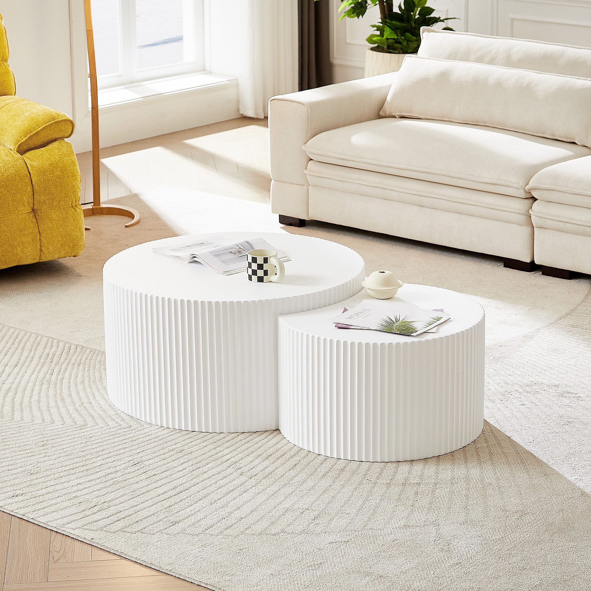 NJLyuhome Couchtisch Weißes Wellen-Design Beistelltisch-Set, Kombinierbare Salon-Tische (2-St)