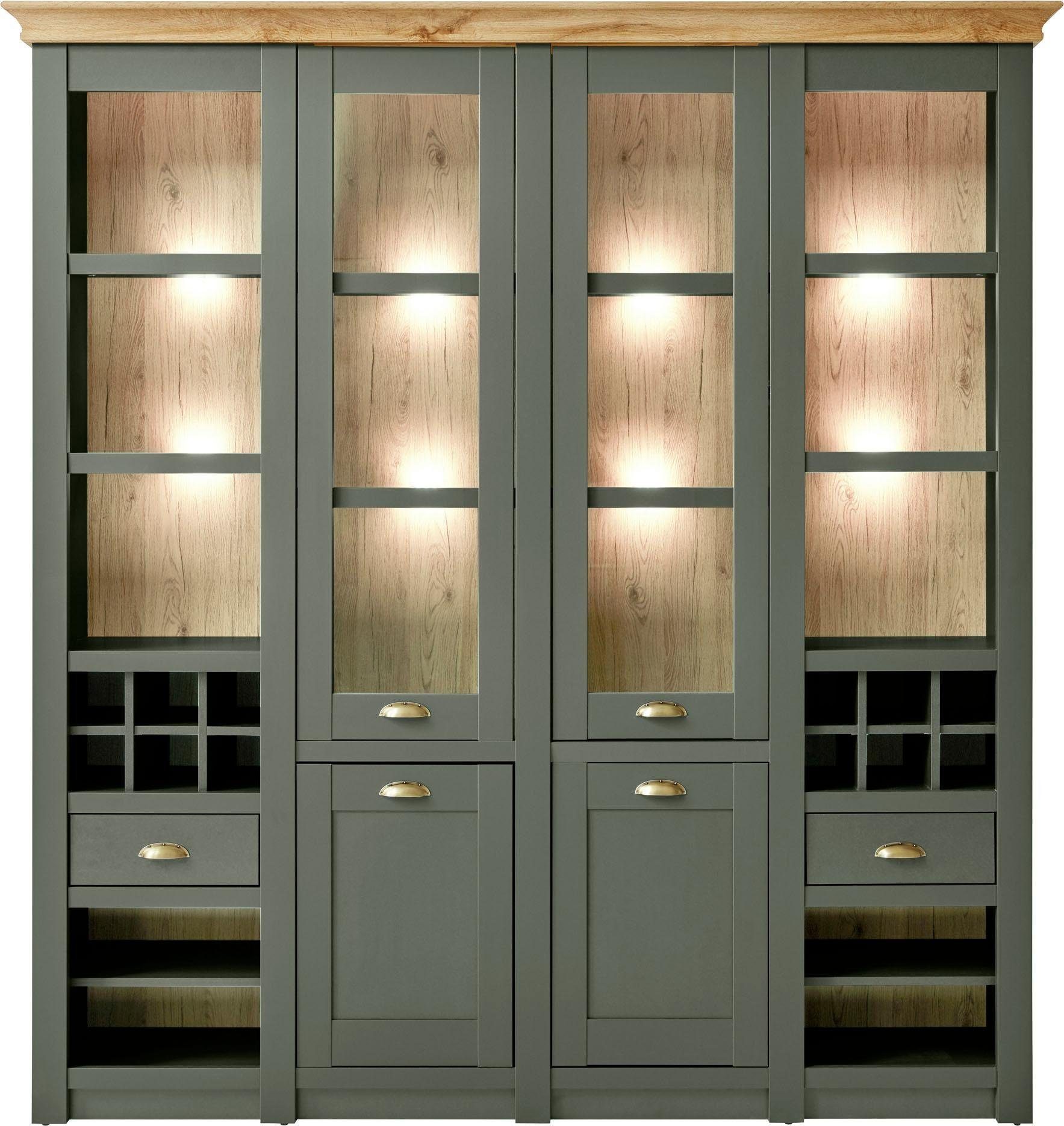 Home affaire Buffet Cambridge, Hochschrank im Landhausstil, moderner Schrank,Küchenschrank schöne Kranzoptik, messingfarbene Metallgriffe, 194 cm breit
