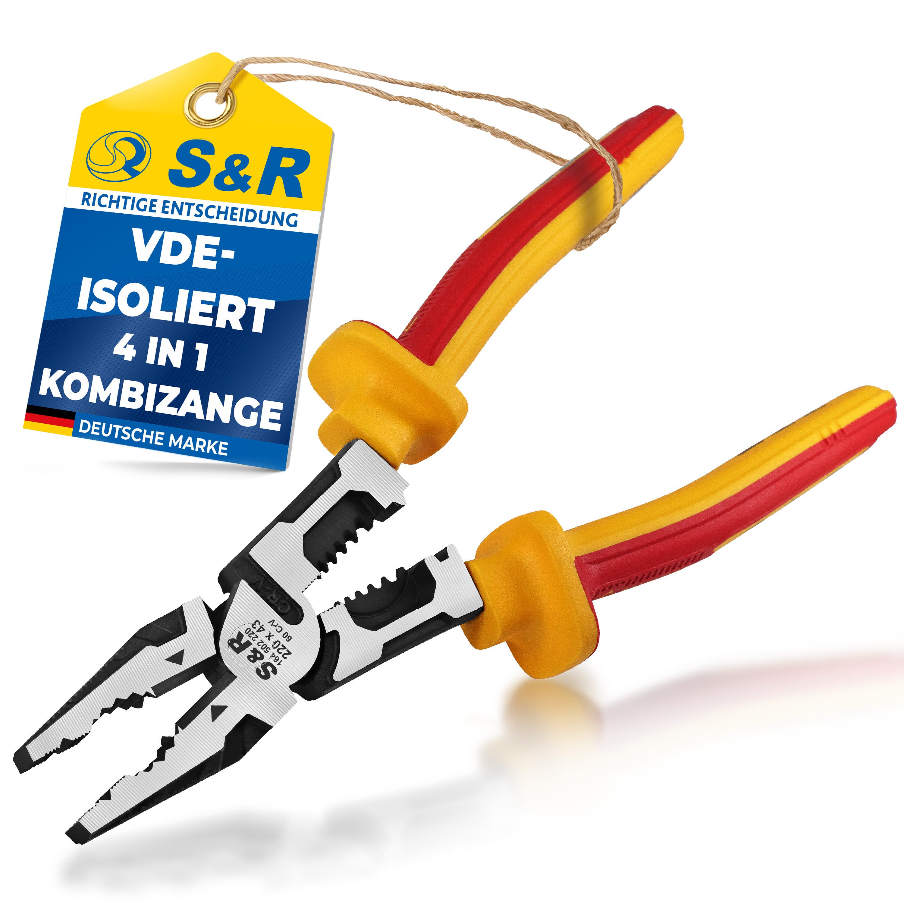 S&R Kombizange S&R Kombizange 220mm VDE-isoliert 1000V, 60CrV-Stahl gesenkgeschmiedet, Universalzange Profi für Kupfer Aluminium Draht AWG10-18