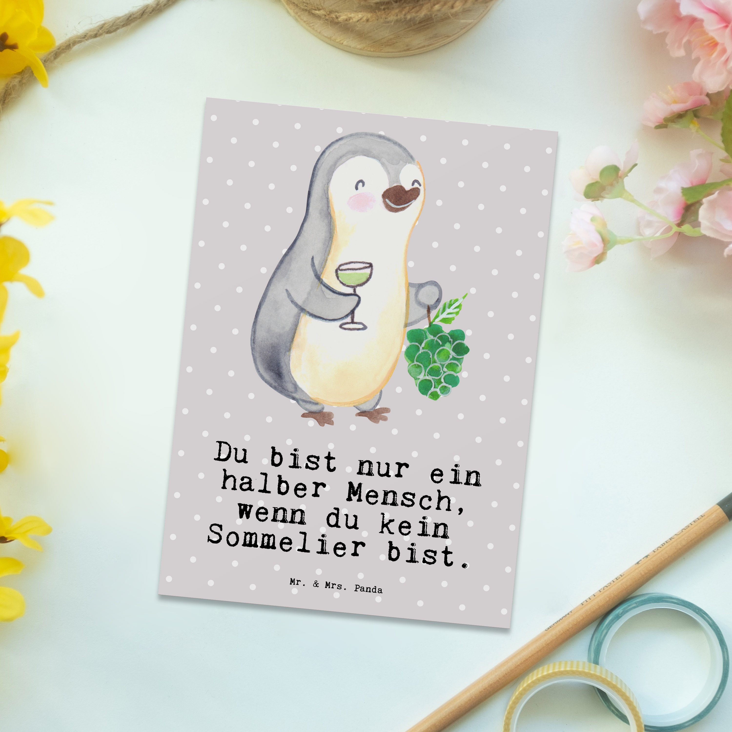 Mr. & Mrs. Panda Postkarte Kollege, mit Sommelier Pastell Geschenk, - Grau - Einladung, Ans Herz
