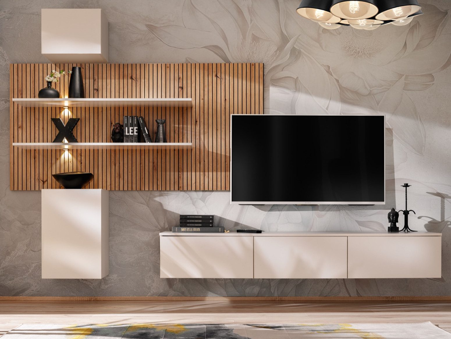 Furn.Design Wohnwand Laelia, (in Sand Cashmere matt mit Eiche Dekor, 3-teilig, 280 x 200 cm), inklusive Beleuchtung