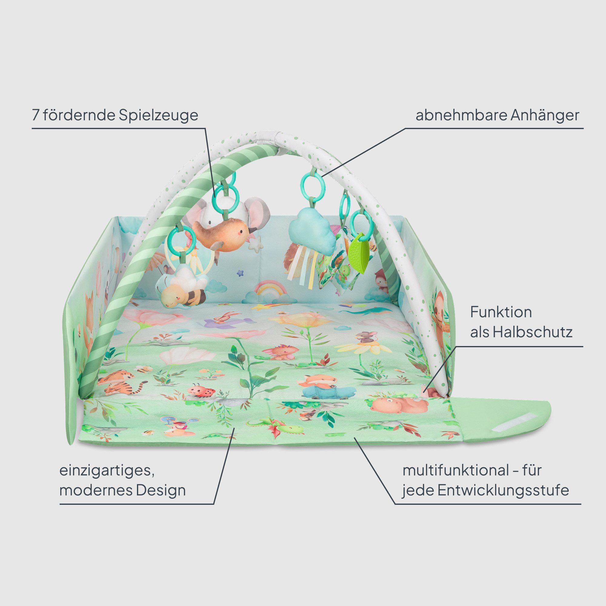 lionelo Spielmatte INGA (Set, Set mit Spielmatte, 2 Spielbögen und 7 Spielzeugen), Spielmatte/Halb-Laufgitter/7 Spielzeuge/Beißring