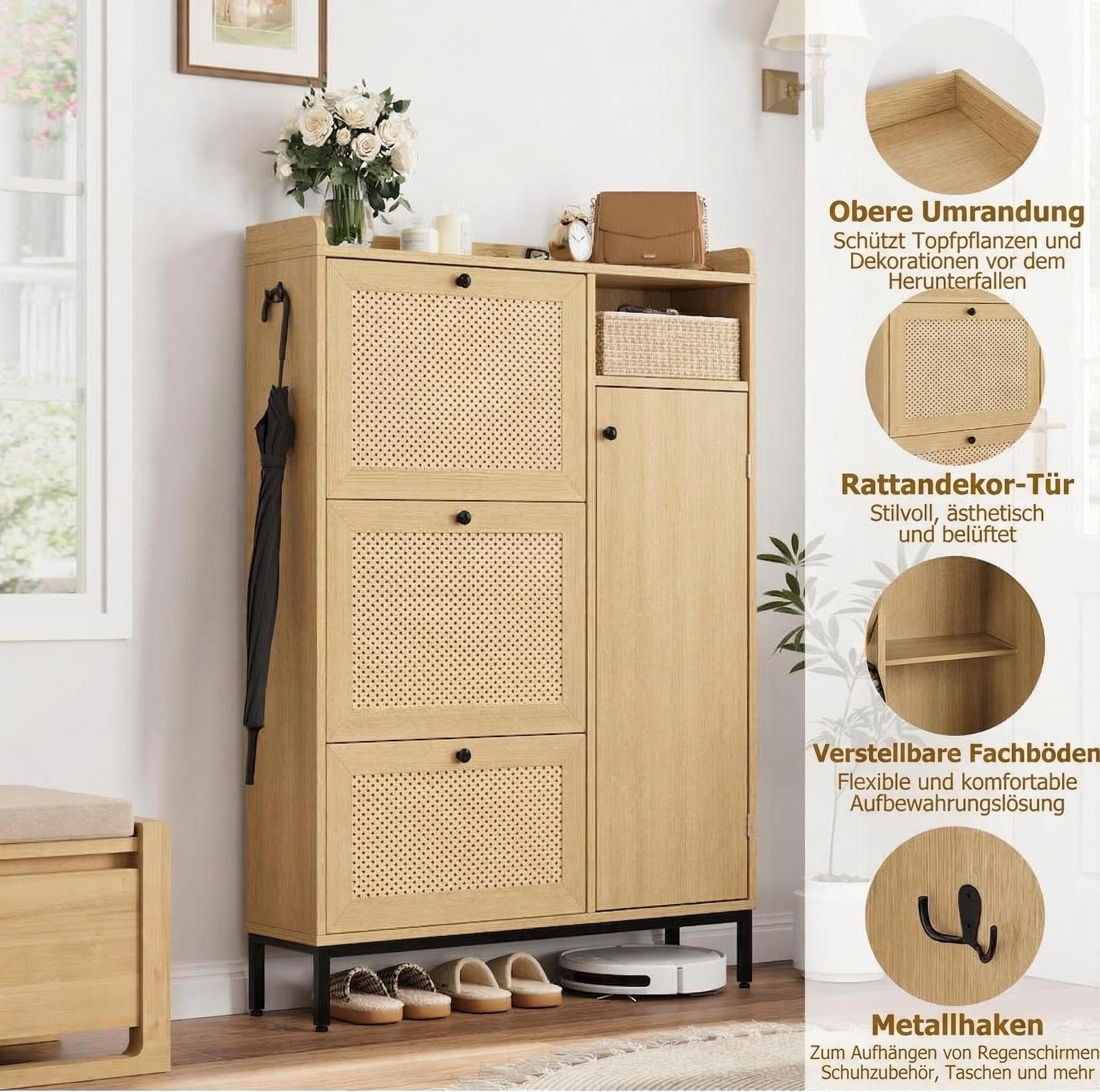 GarveeMore Schuhschrank aus Rattan mit 3 Klappschubladen und 4-stufiger Schuhschrank Schuhschrank mit verstellbaren Regalen für Eingang,Flur,Wohnzimmer