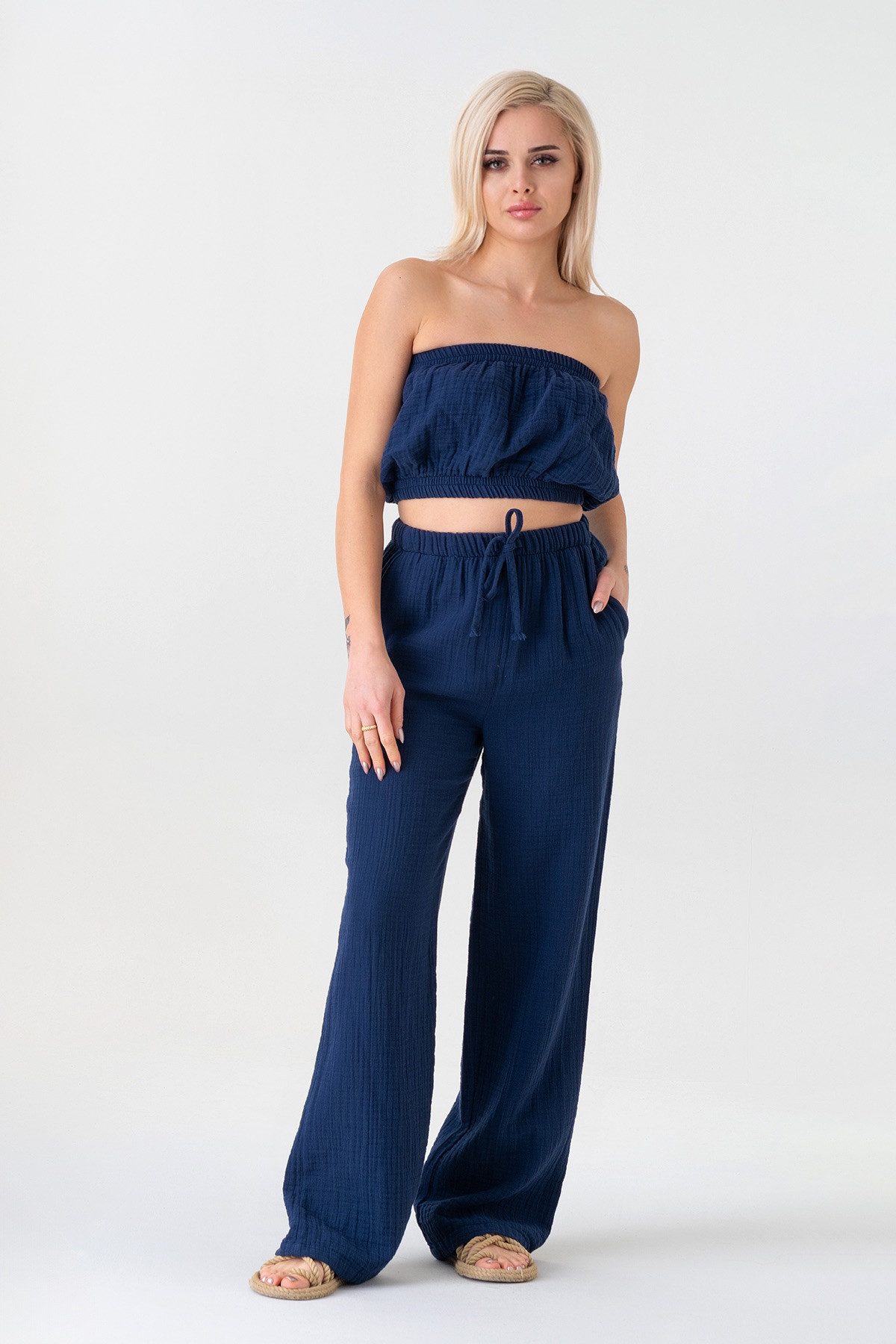 WENOR Palazzohose Damen Musselin-Hose - Sommerhose 100 % Baumwolle, elastischer Bund Weiter Beinverlauf, Musselinstruktur, luftiger Schnitt