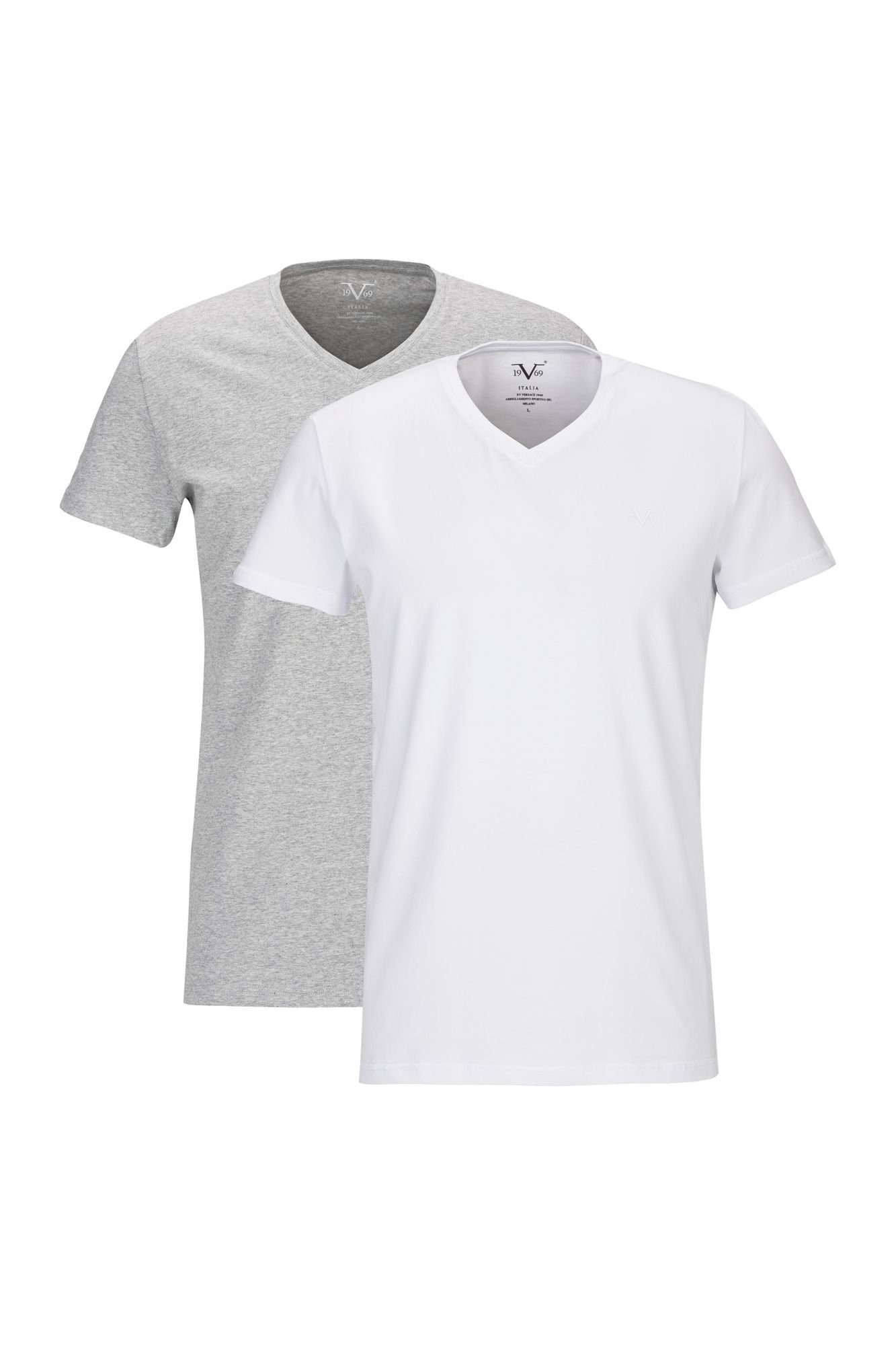 19V69 Italia by Versace T-Shirt Unterziehshirt Unterhemd mit Kurzarm V-Ausschnitt für Herren mit einem kleinem Ton-in-Ton Logo auf der Brust weiß