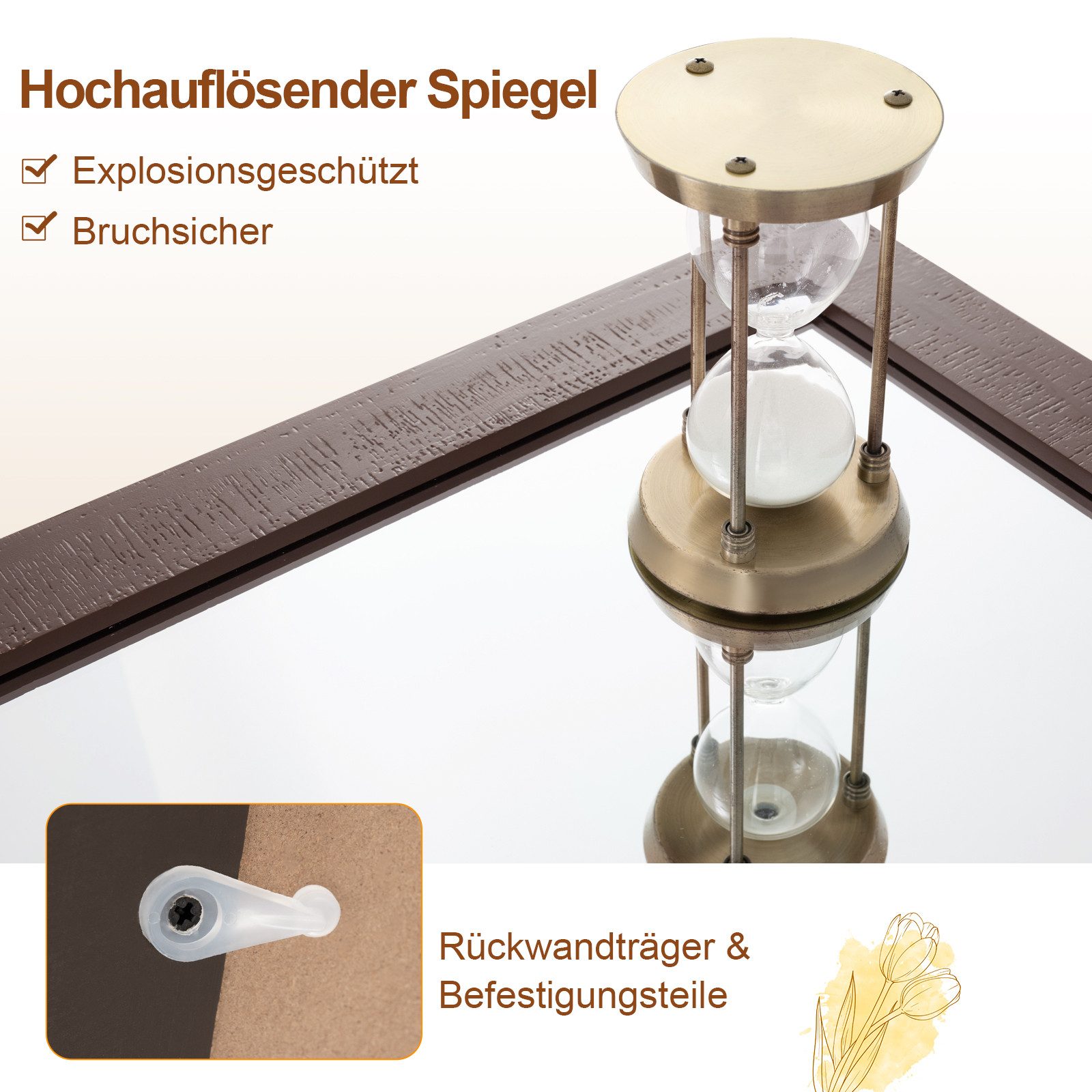 COSTWAY Dekospiegel, Rustikaler Wandspiegel mit Holzrahmen, 100 x 66 cm