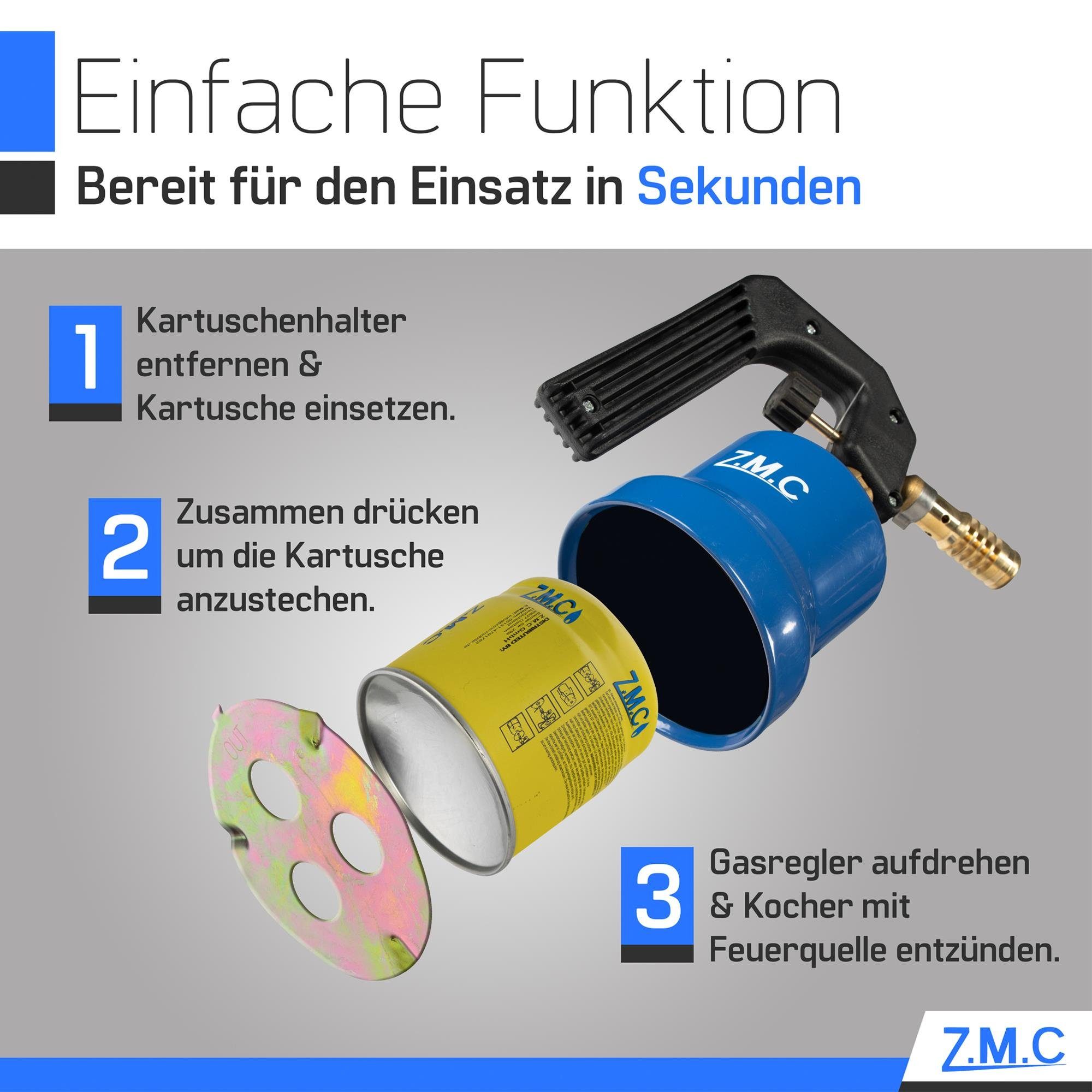 ZMC Flambierbrenner Gasbrenner Grillanzünder Gasanzünder Lötpistole +4 Gaskartuschen 190g, (Lötlampe 2,2 kW Temperatur von bis zu 1200 ° C), Butangas Lötbrenner Kohleanzünder Flammspritzpistole Bunsenbrenner