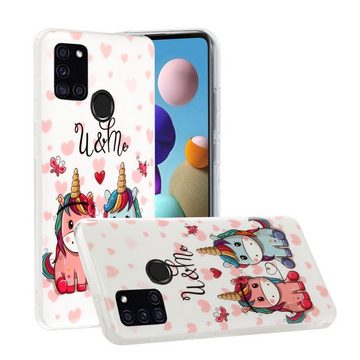 Wigento Handyhülle Für Samsung Galaxy A21s Silikon Case TPU Motiv Einhorn Couple Schutz Muster Tasche Hülle Cover Etuis Zubehör