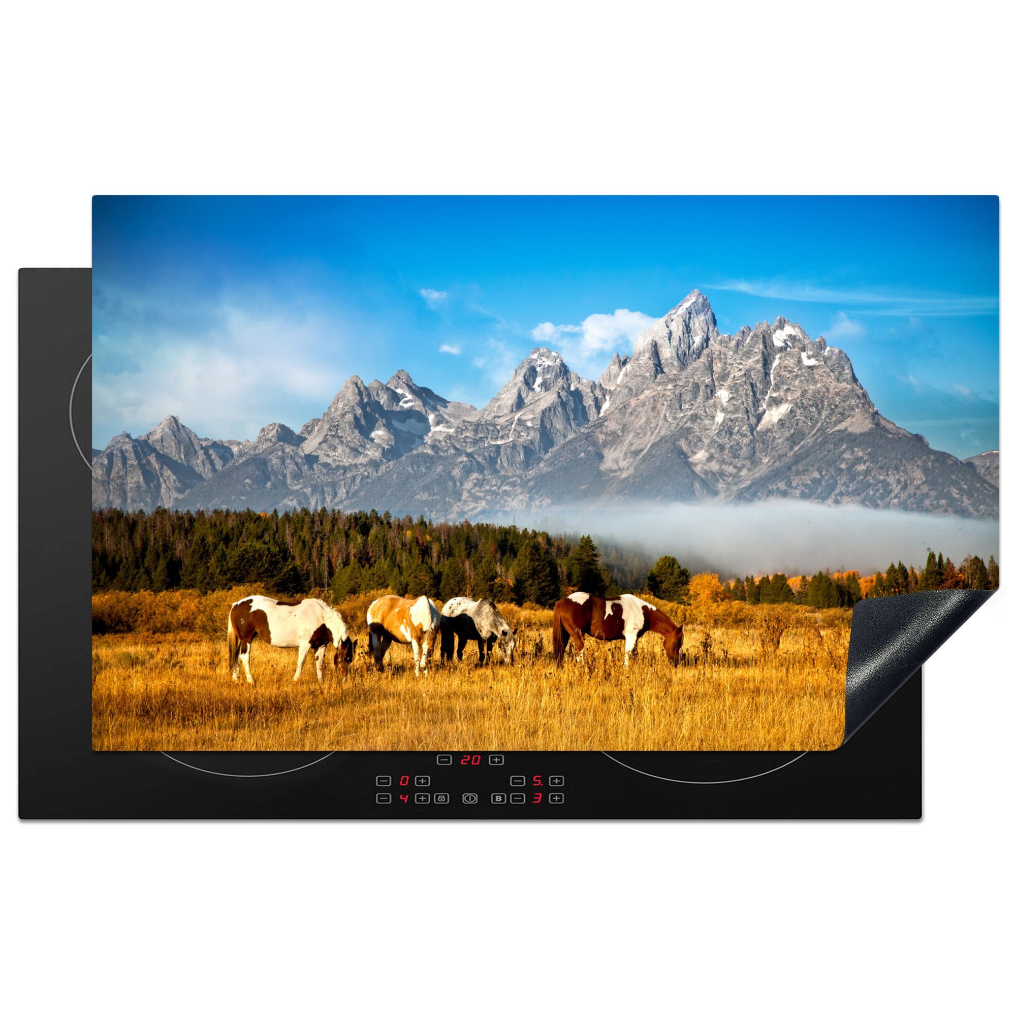 tlg), Herdblende-/Abdeckplatte 83x51 (1 in für Pferde auf den vor Ceranfeldabdeckung, Vinyl, Weiden MuchoWow küche den Mountains Teton Arbeitsplatte cm, Wyoming,