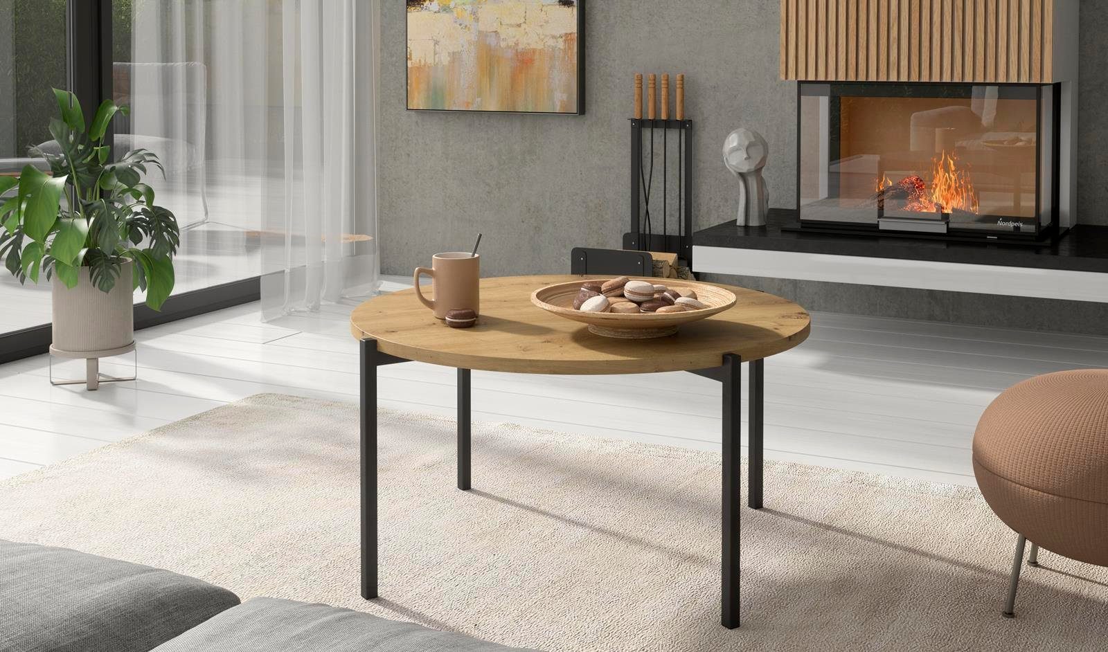 Beautysofa Couchtisch Sigma A (schwarz / artisan Farbe), mit Metallgestell, runder Tisch für Wohnzimmer Eiche artisan