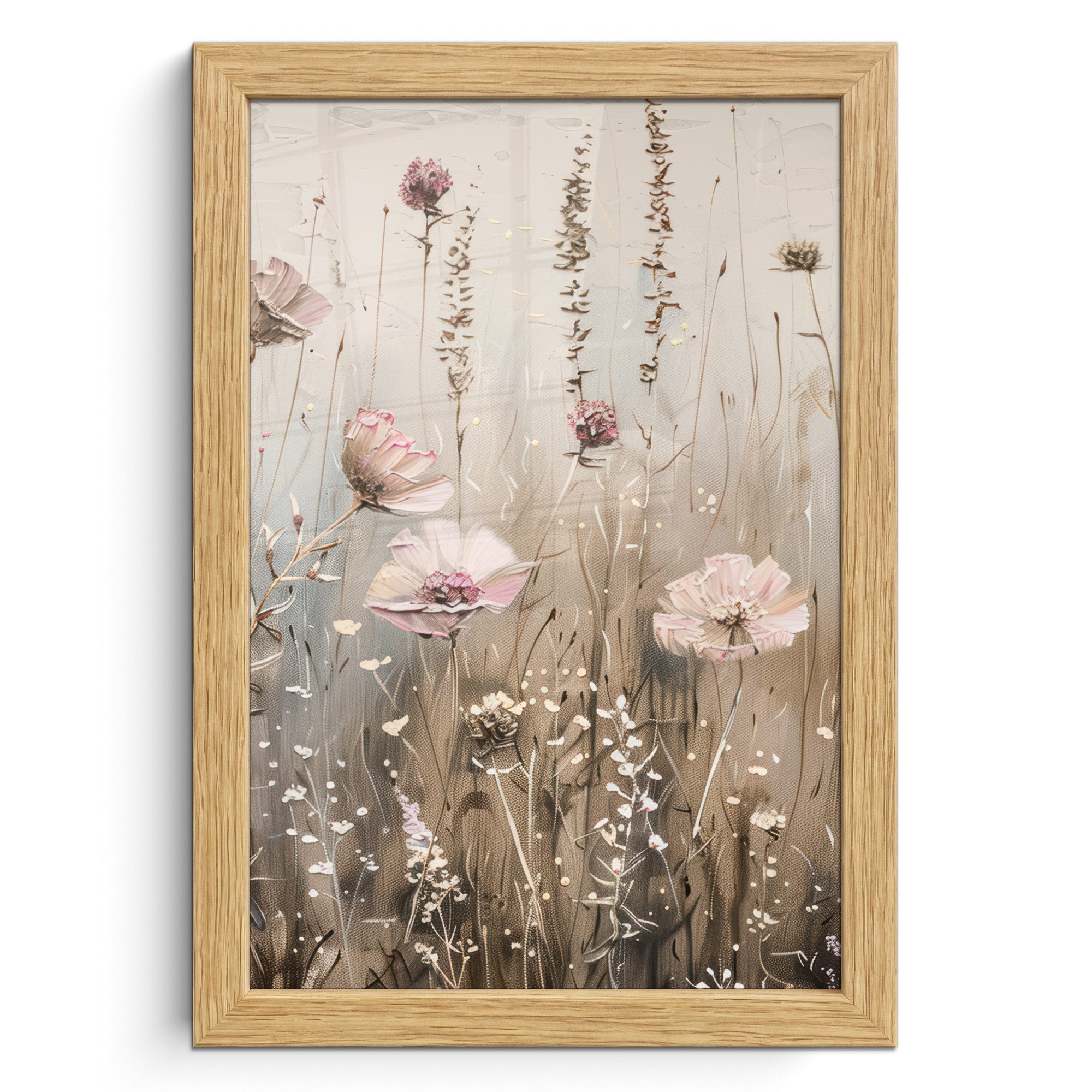 MuchoWow Poster Blumen - Rosa - Modern - Beige, (1 St), Bilderrahmen, Zimmer Deko, Bild für Wohnzimmer, 20x30 cm