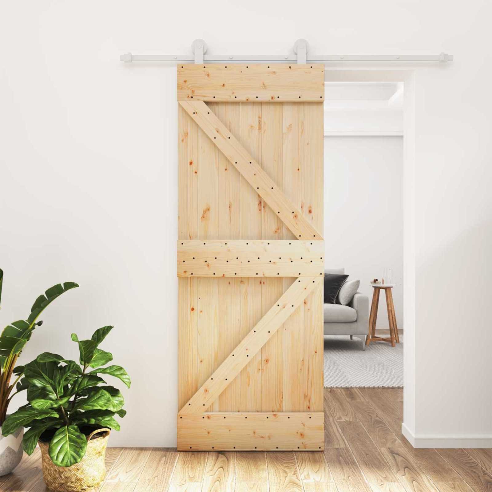 furnicato Schiebetür Massivholz 80 x 210 cm Natur und Weiß, Stabile Schiebe-Tür mit Stahlrails für deinen Innenbereich