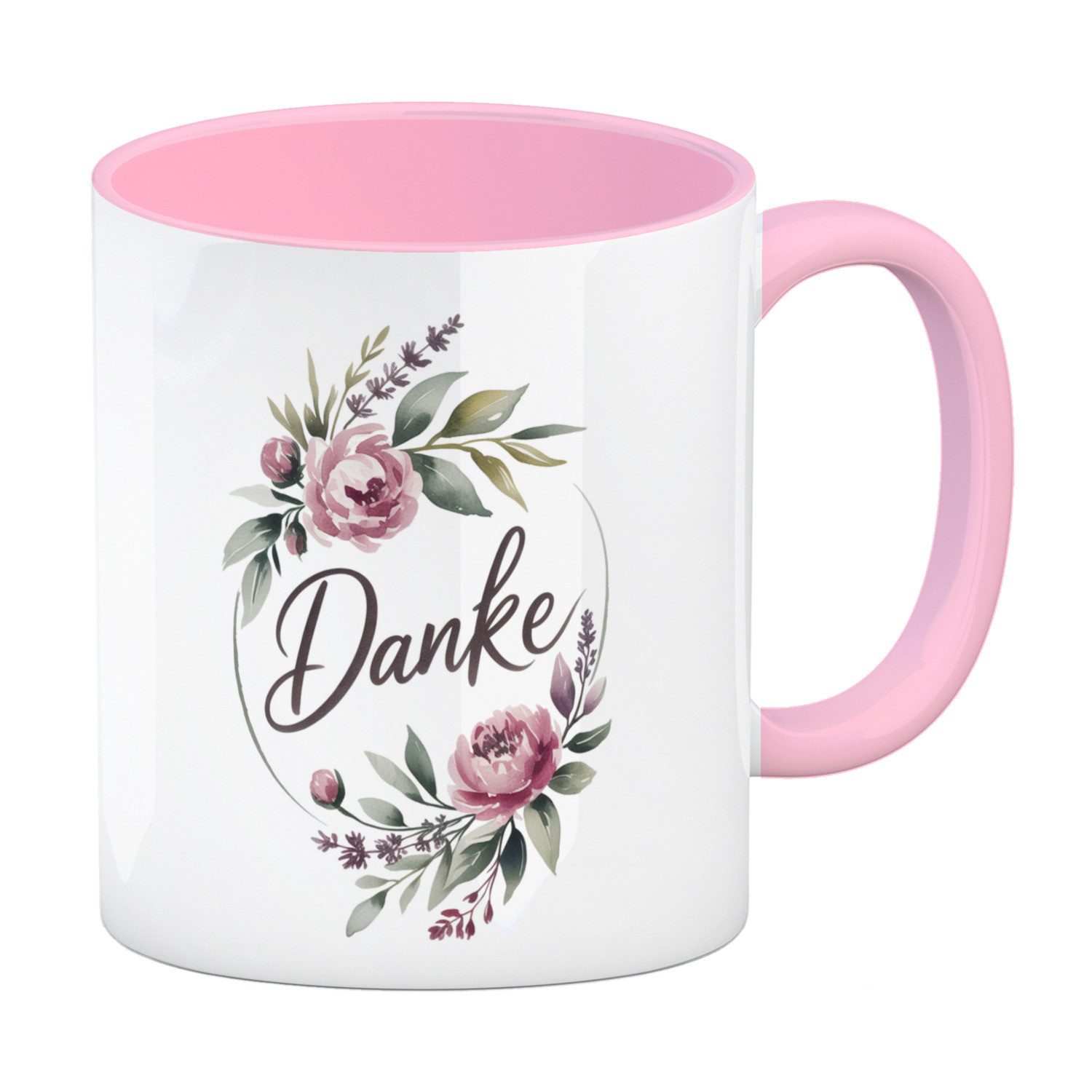 speecheese Tasse Blumenkranz Danke Kaffeebecher in rosa mit Aquarellmotiv