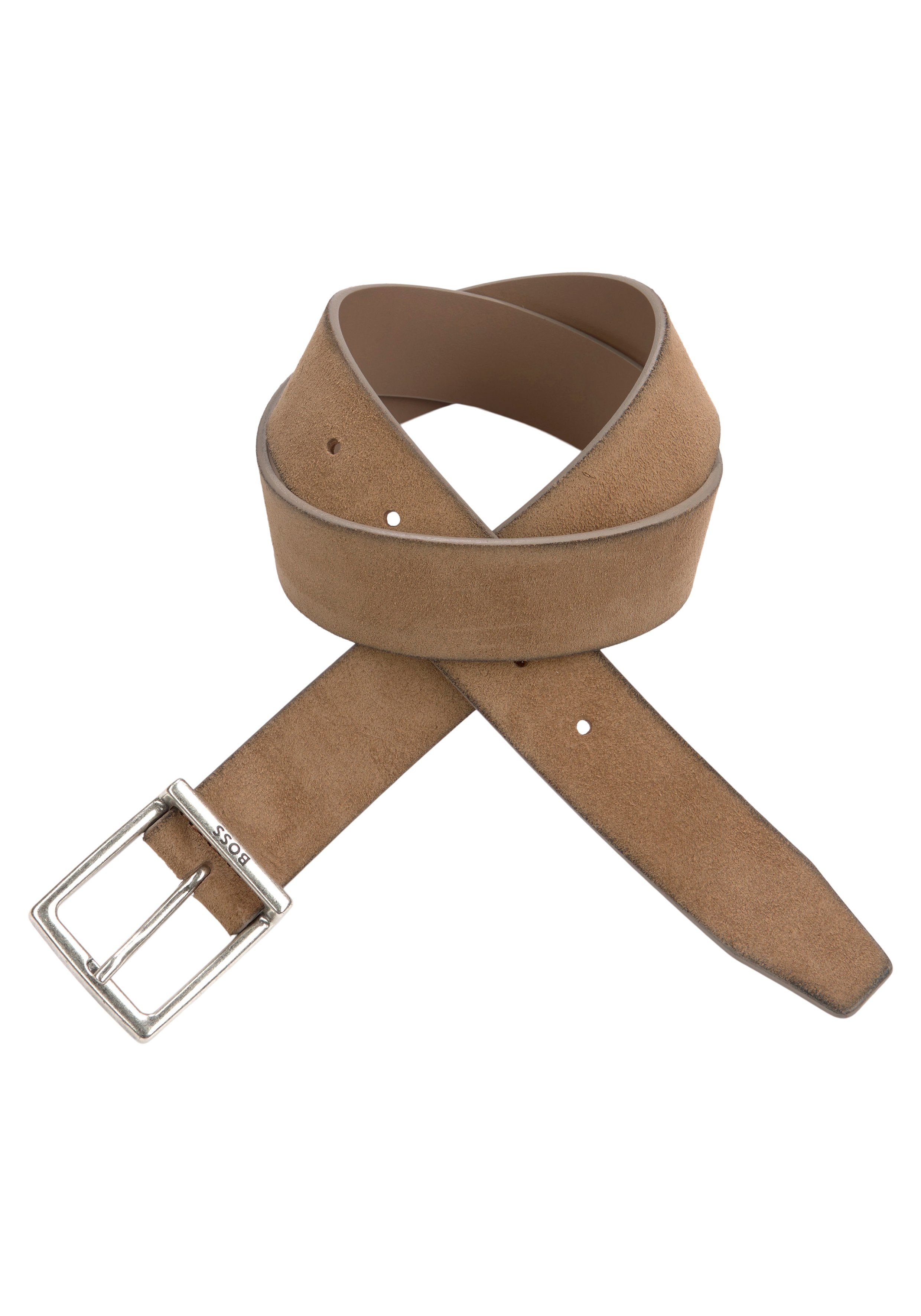 BOSS Ledergürtel aus Veloursleder mit dezenter Logo-Dornschließe light pastel brown | Anzuggürtel