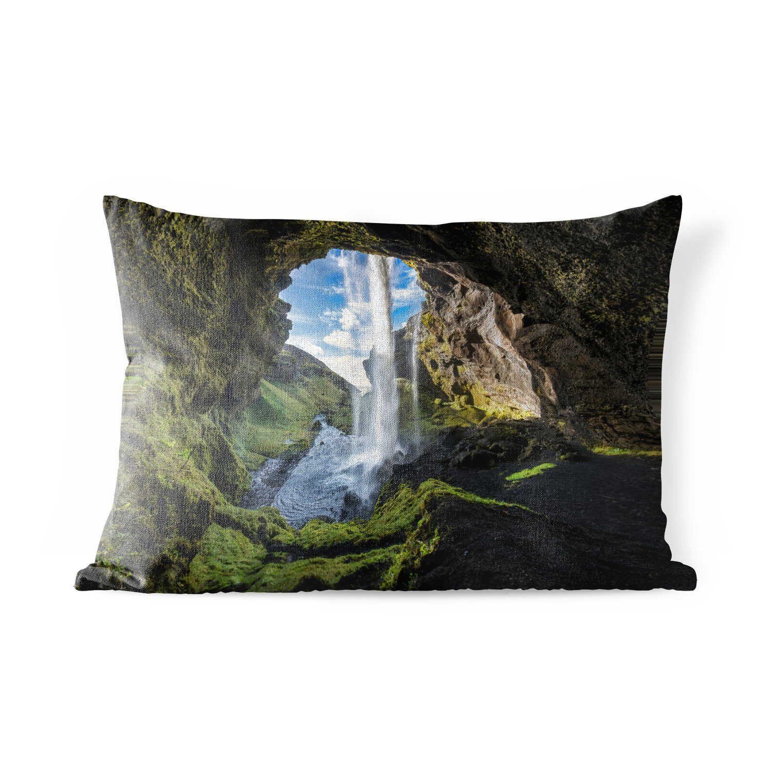 MuchoWow Dekokissen Wasserfall vor einer Höhle in Island, Outdoor-Dekorationskissen, Polyester, Dekokissenbezug, Kissenhülle